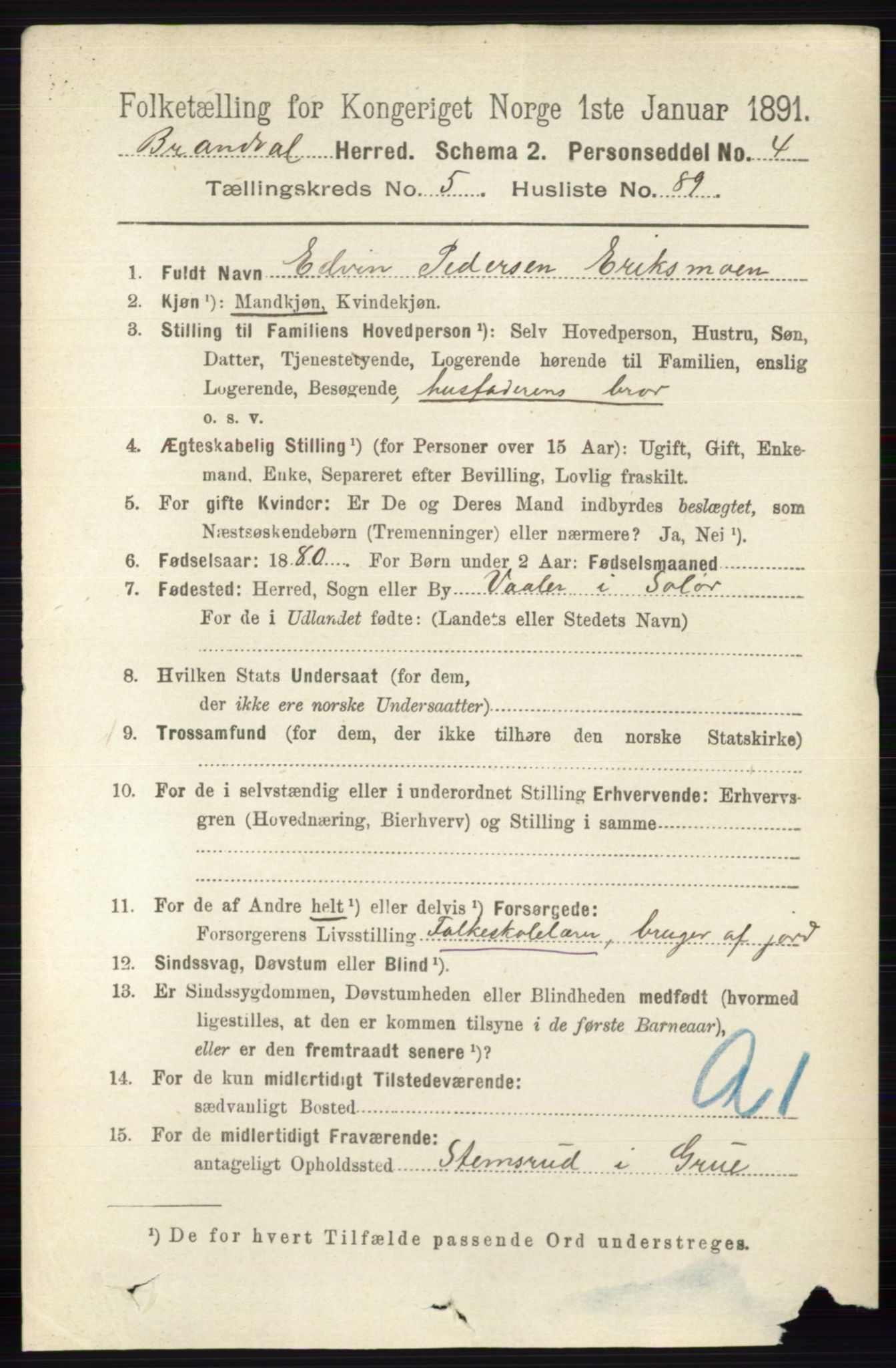 RA, 1891 census for 0422 Brandval, 1891, p. 2779