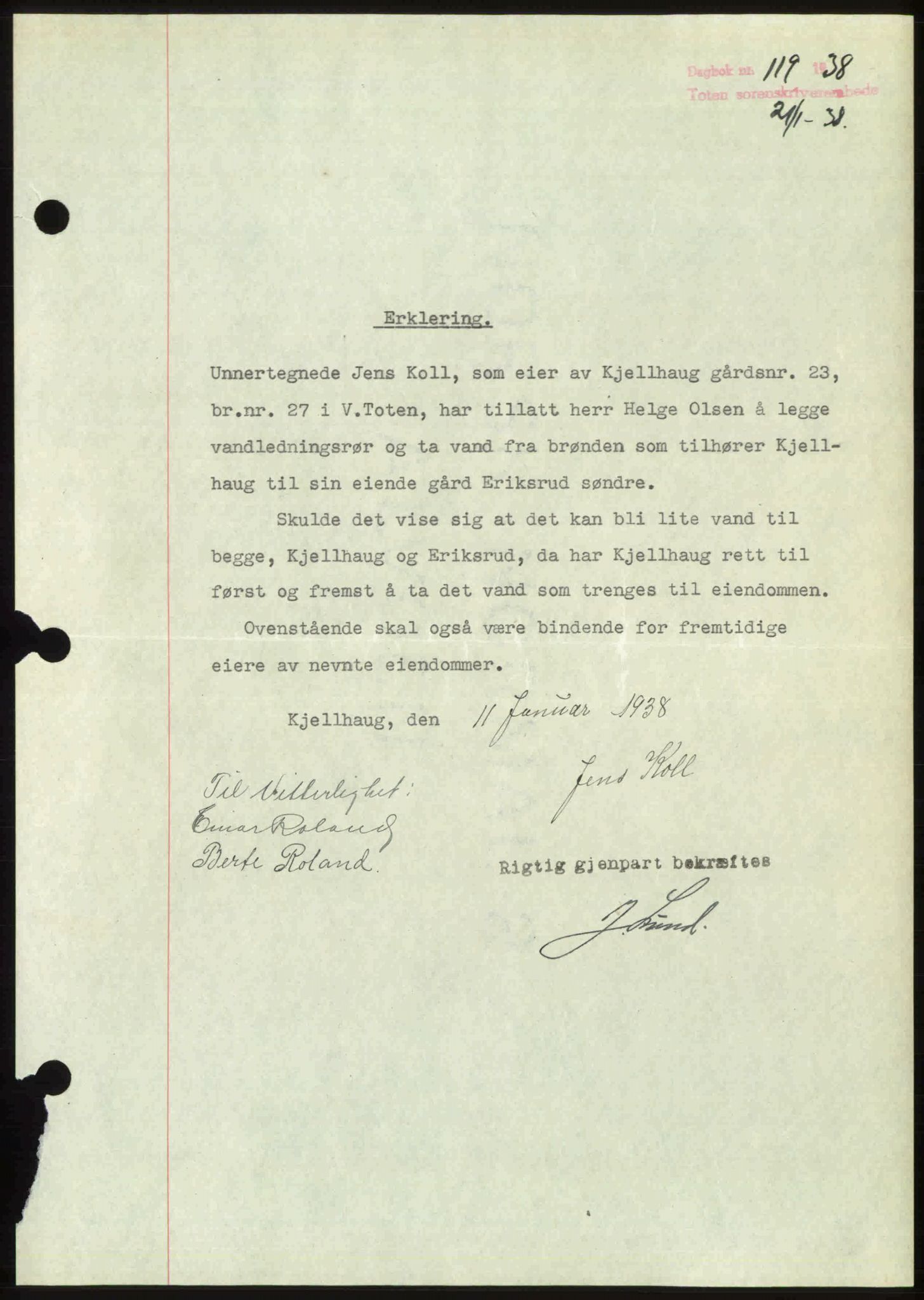 Toten tingrett, SAH/TING-006/H/Hb/Hbc/L0003: Mortgage book no. Hbc-03, 1937-1938, Diary no: : 119/1938