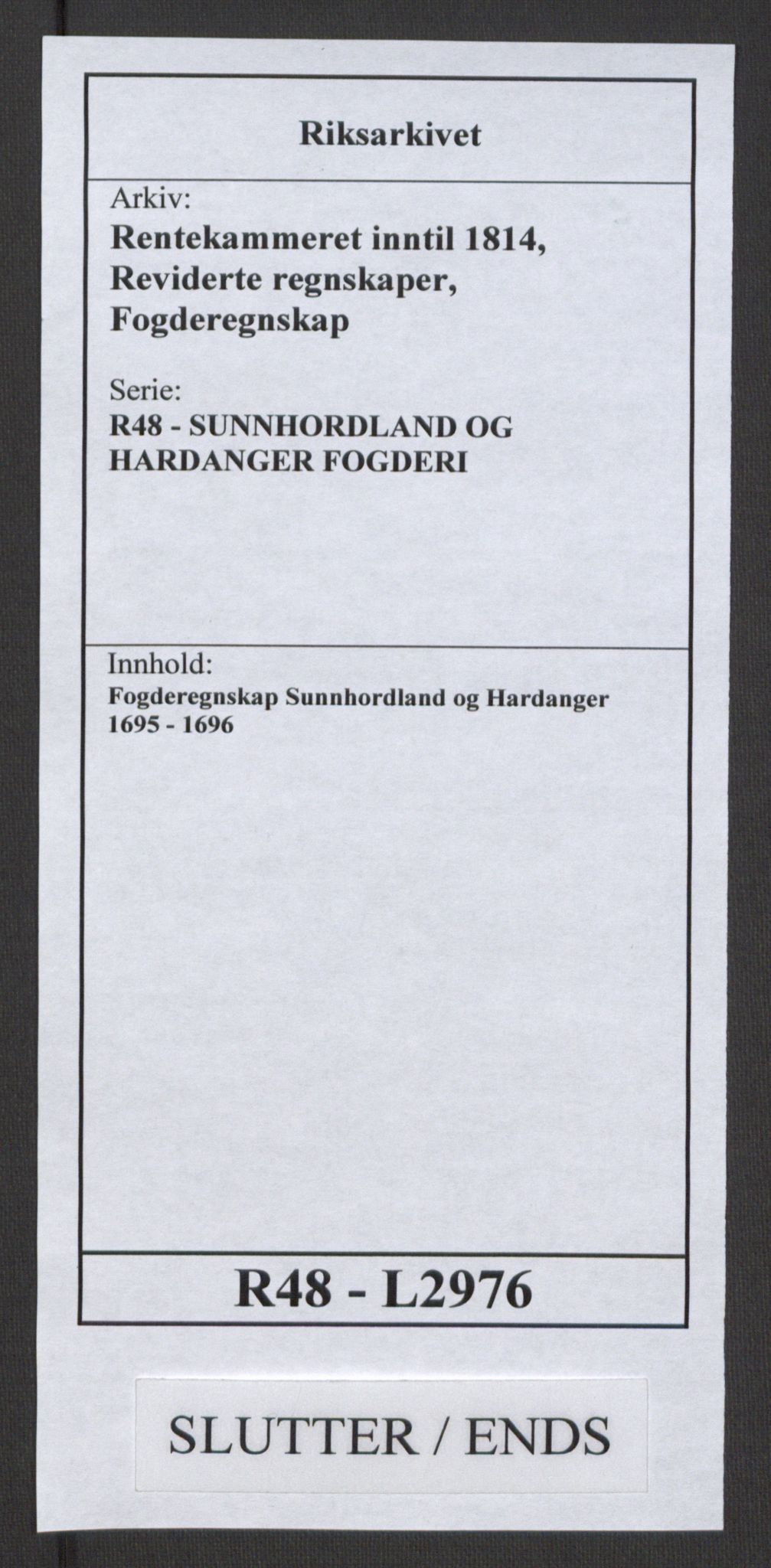 Rentekammeret inntil 1814, Reviderte regnskaper, Fogderegnskap, AV/RA-EA-4092/R48/L2976: Fogderegnskap Sunnhordland og Hardanger, 1695-1696, p. 487