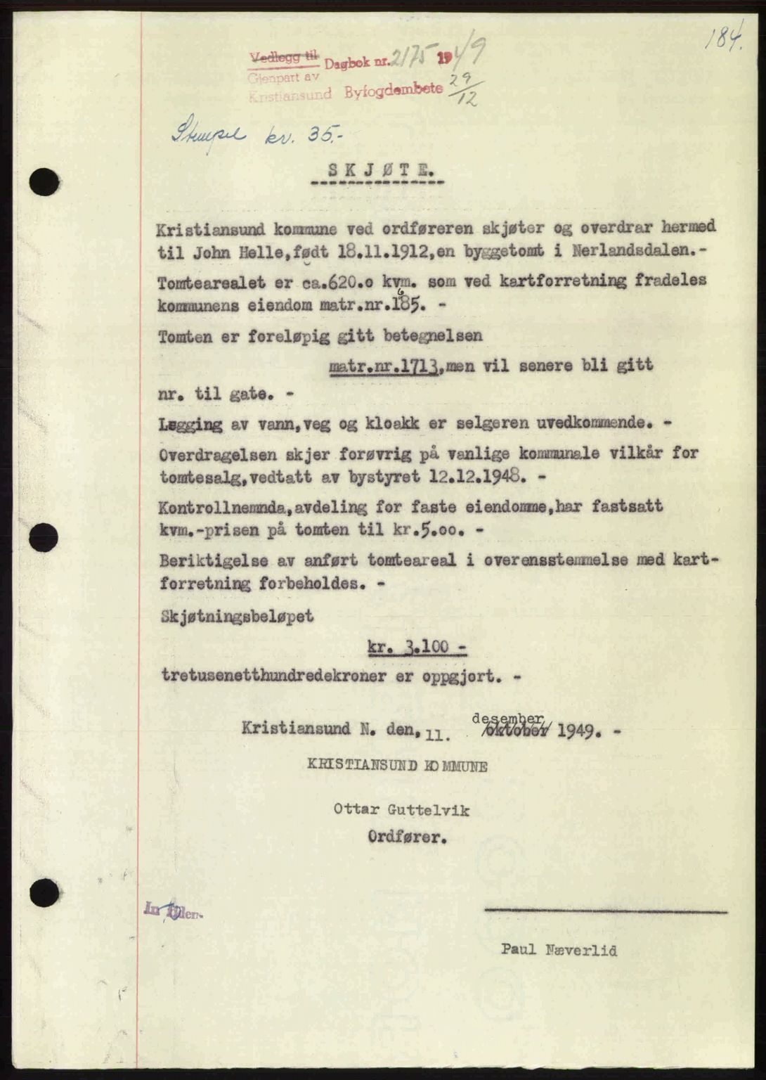 Kristiansund byfogd, AV/SAT-A-4587/A/27: Mortgage book no. 46, 1949-1950, Diary no: : 2175/1949