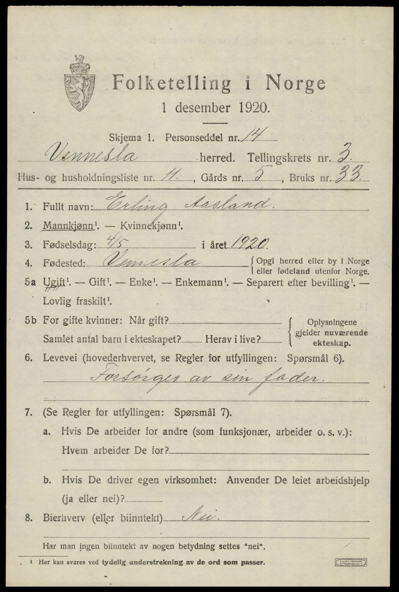 SAK, 1920 census for Vennesla, 1920, p. 2346