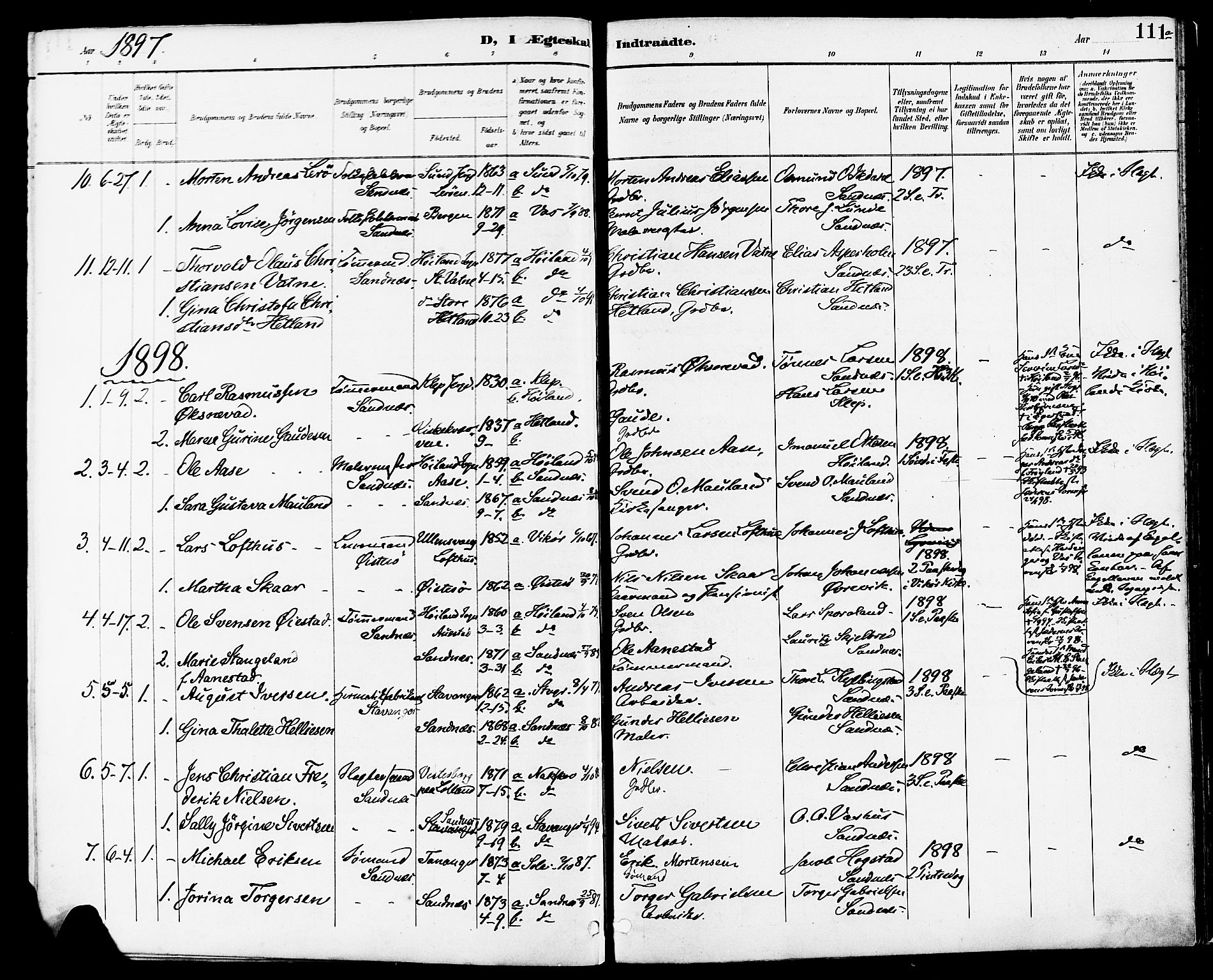 Høyland sokneprestkontor, AV/SAST-A-101799/001/30BA/L0014: Parish register (official) no. A 12, 1890-1898, p. 111