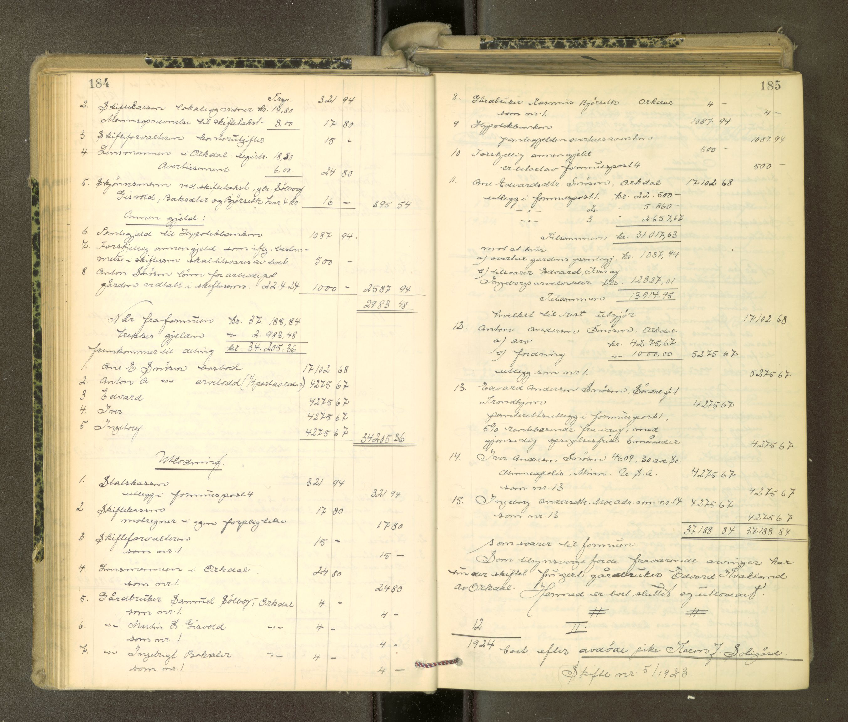 Orkdal sorenskriveri, AV/SAT-A-4169/1/3/3Aa/L0017: Skifteprotokoller, 1921-1929, p. 184-185
