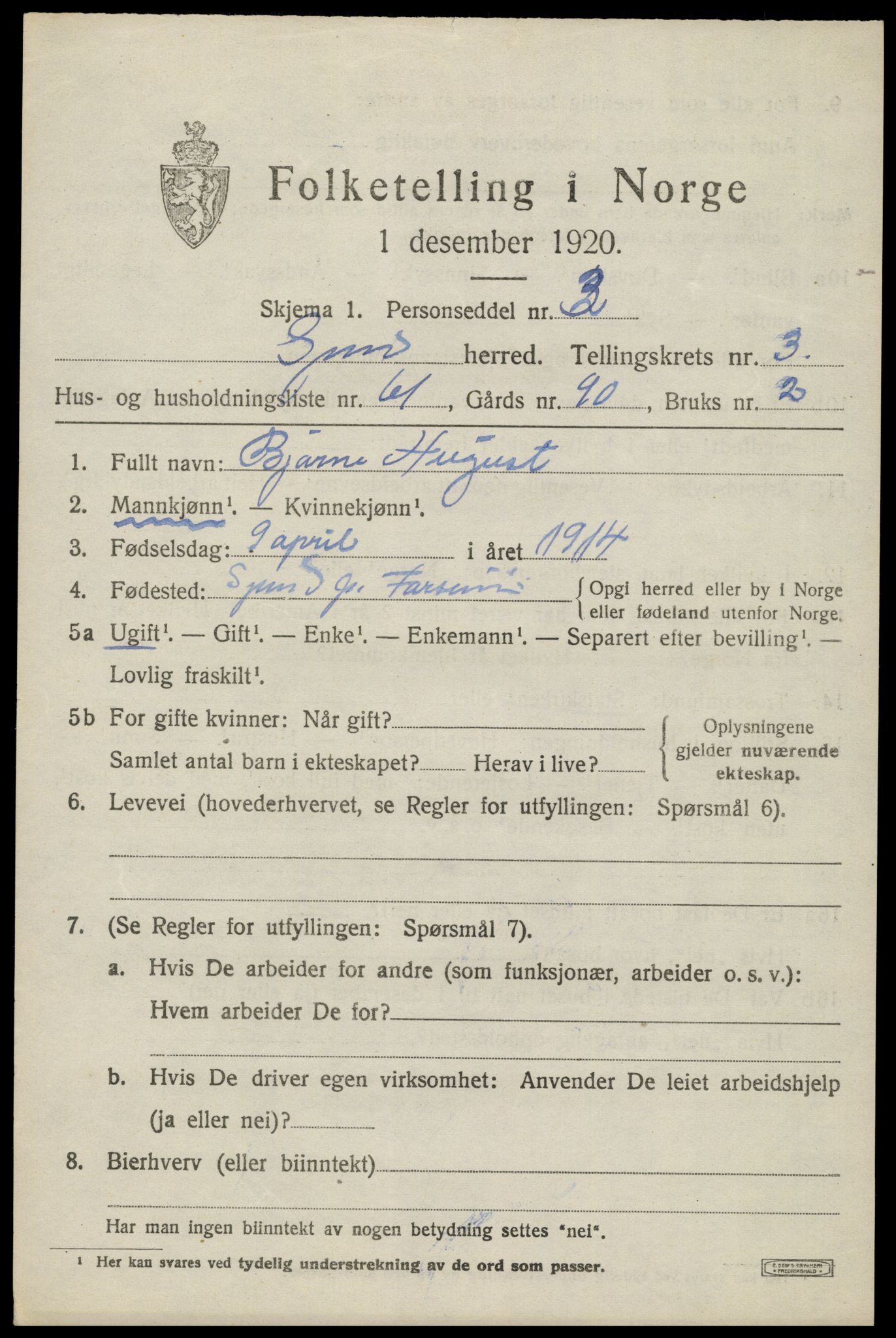 SAK, 1920 census for Spind, 1920, p. 2167