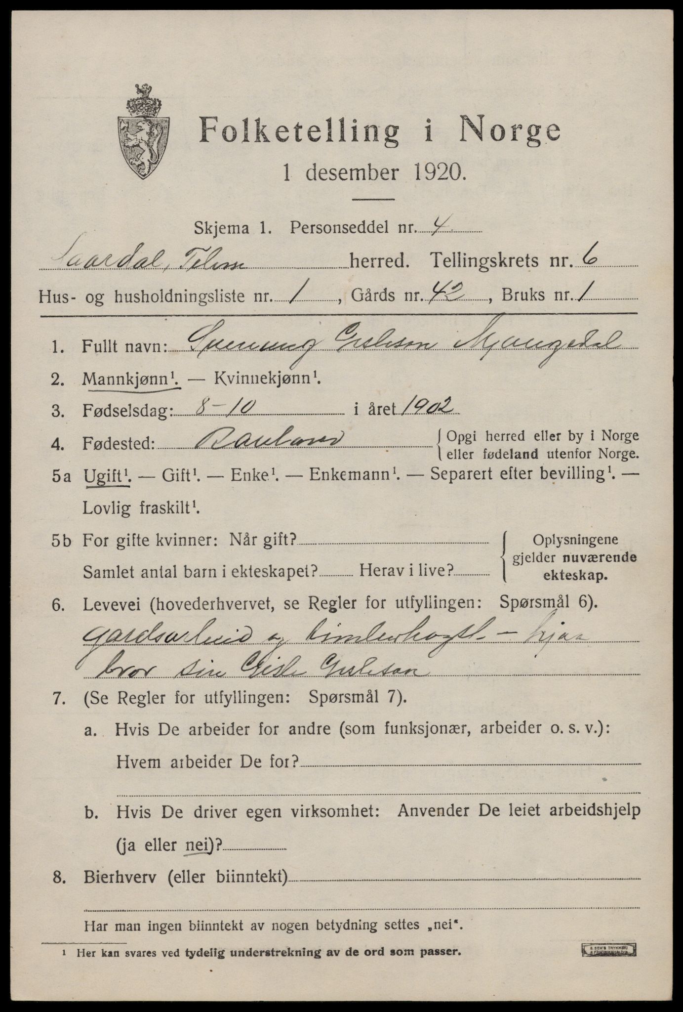 SAKO, 1920 census for Lårdal, 1920, p. 2525