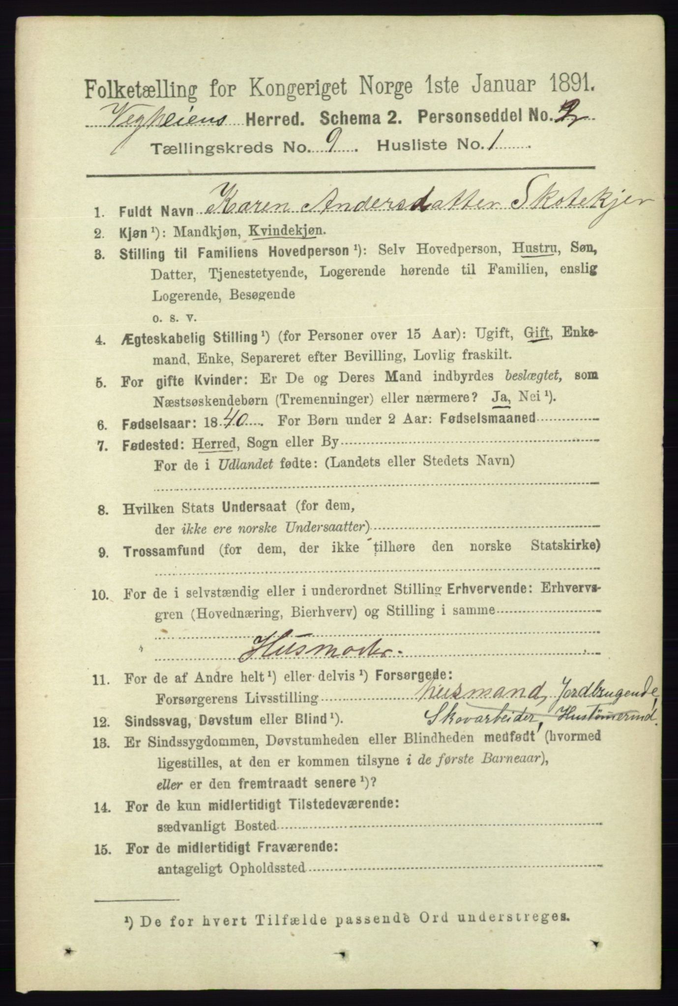 RA, 1891 census for 0912 Vegårshei, 1891, p. 1735