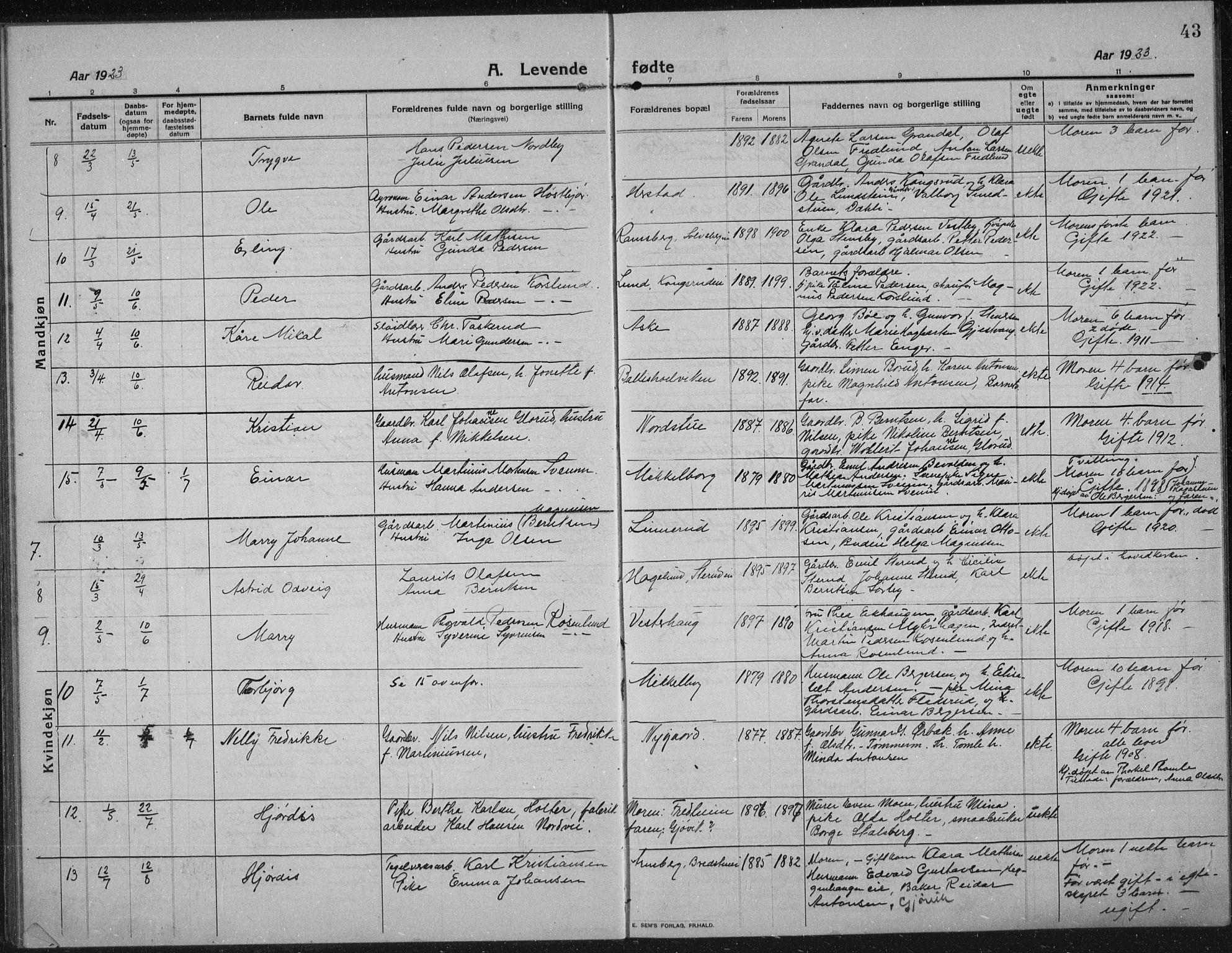 Nes prestekontor, Hedmark, AV/SAH-PREST-020/L/La/L0009: Parish register (copy) no. 9, 1913-1936, p. 43