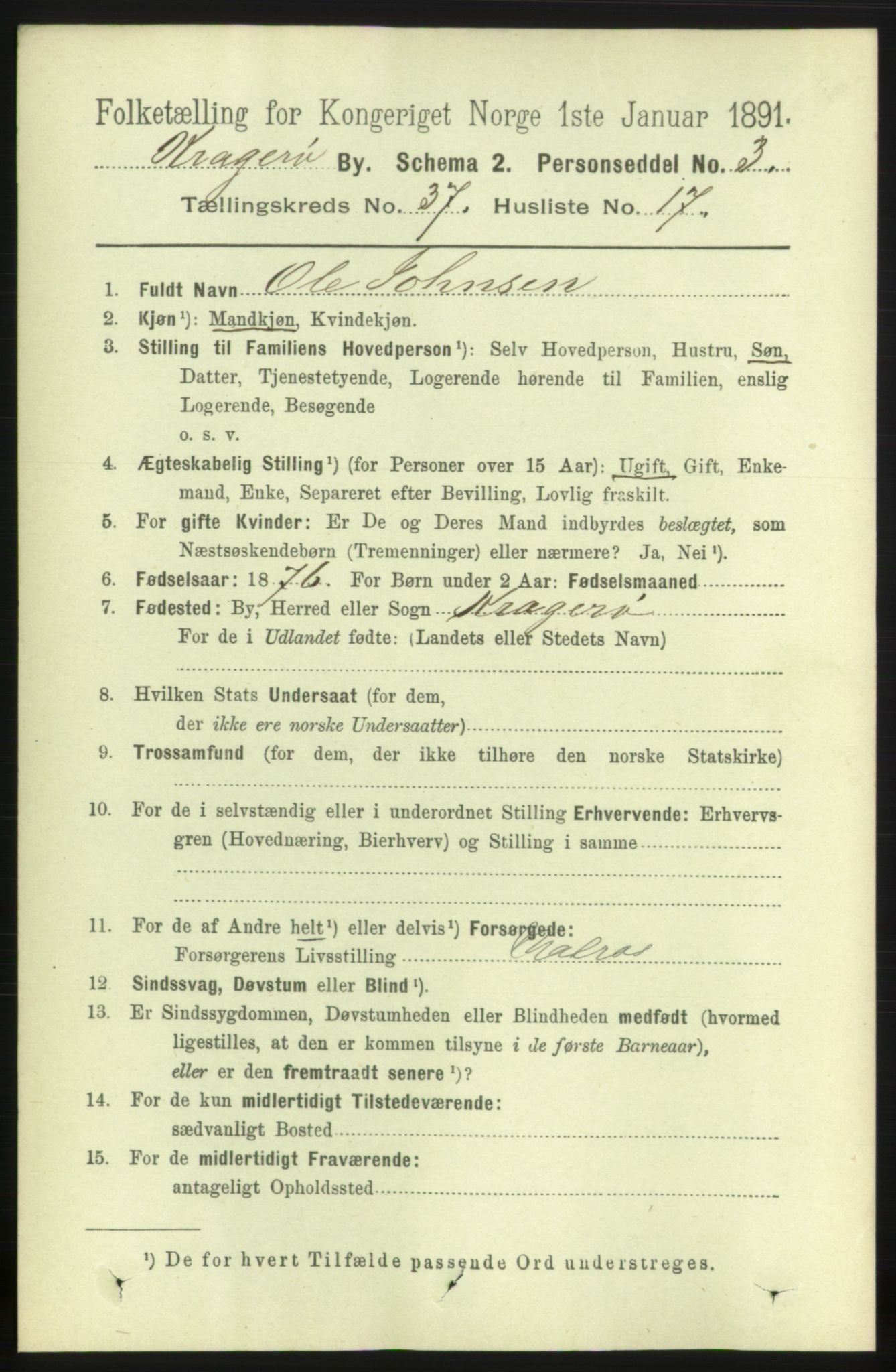 RA, 1891 census for 0801 Kragerø, 1891, p. 6864