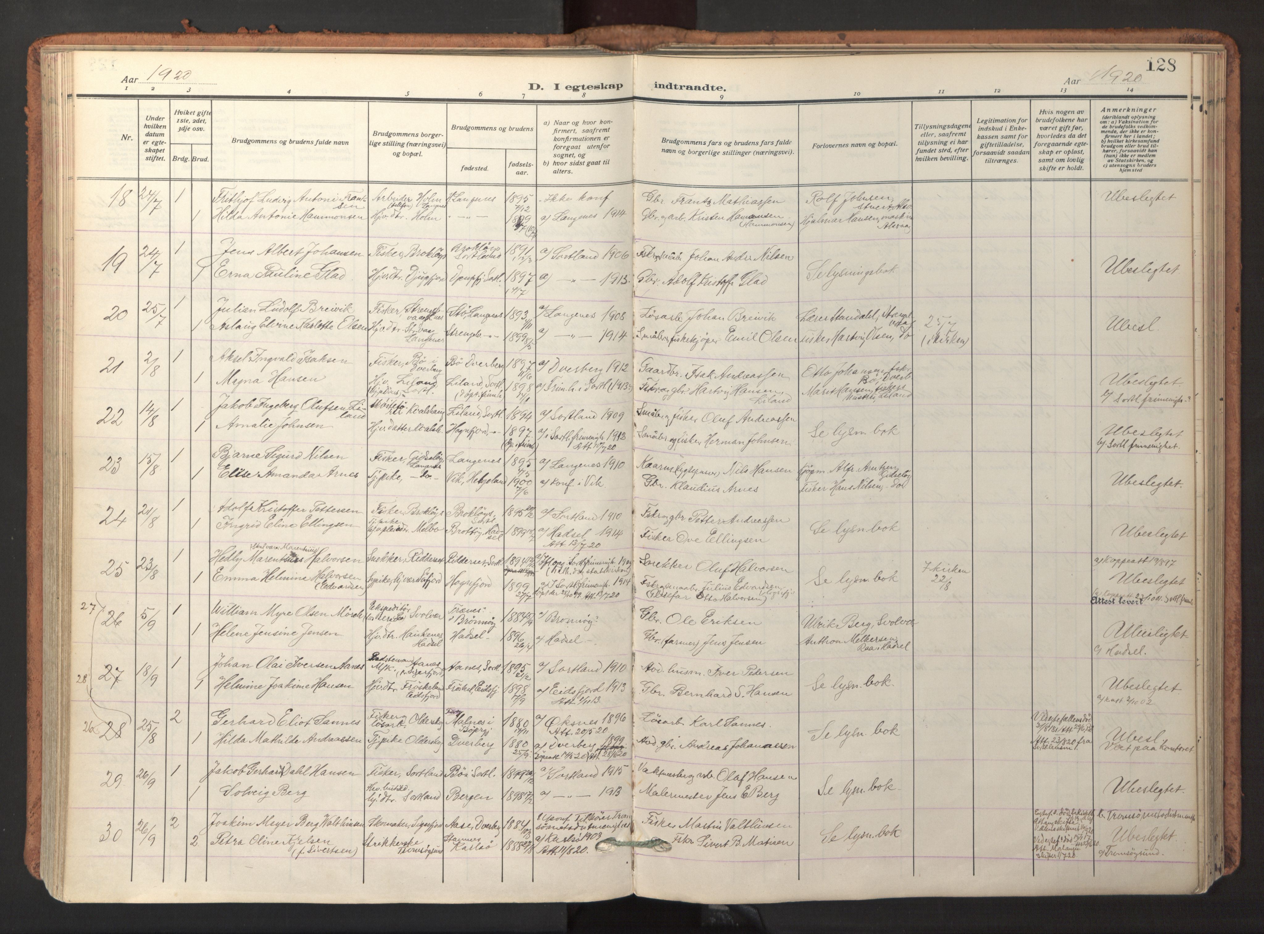 Ministerialprotokoller, klokkerbøker og fødselsregistre - Nordland, AV/SAT-A-1459/895/L1374: Parish register (official) no. 895A09, 1915-1925, p. 128