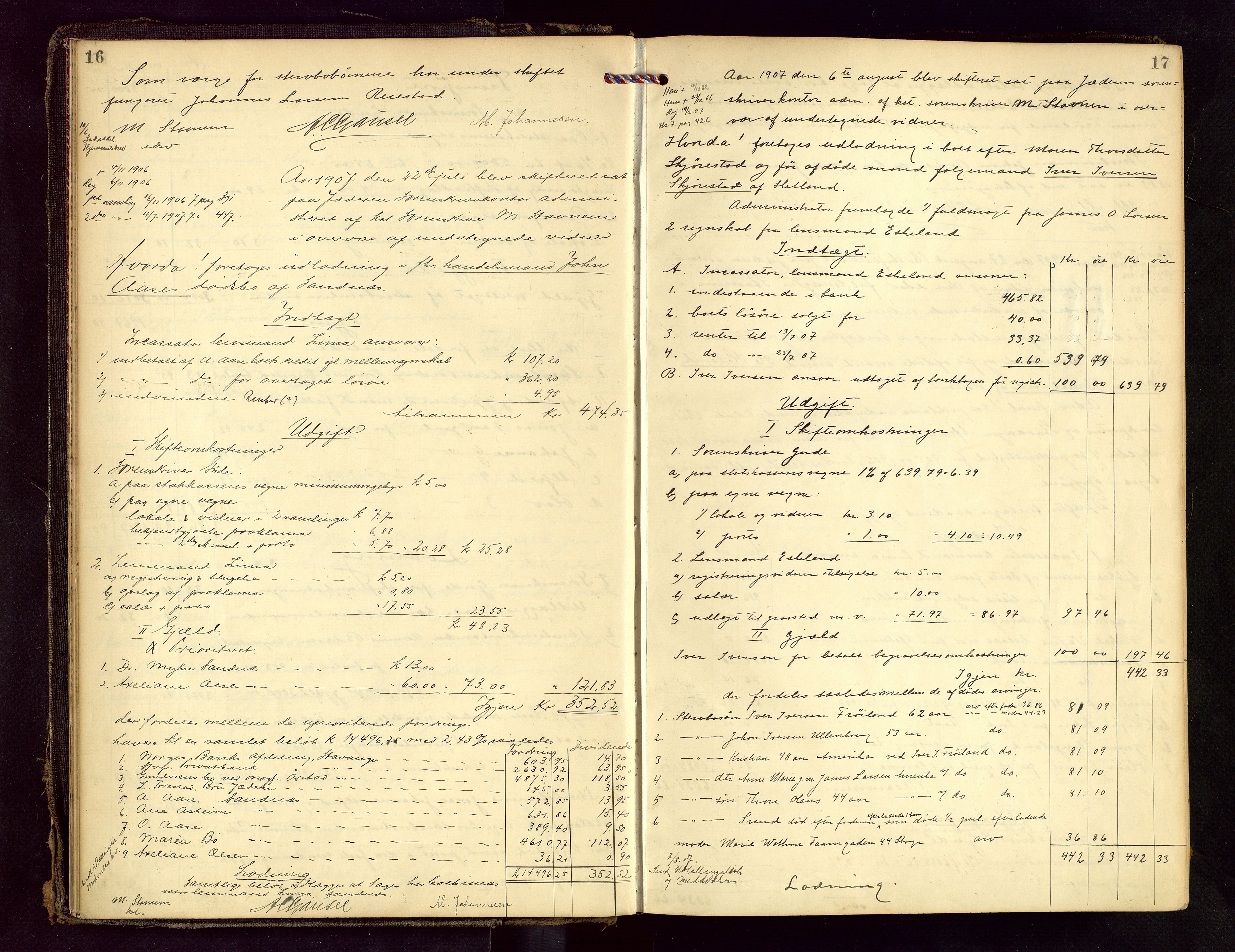 Jæren sorenskriveri, AV/SAST-A-100310/01/5/50/50BB/L0007: SKIFTEUTLODNINGSPROTOKOLL, 1907-1914, p. 16-17