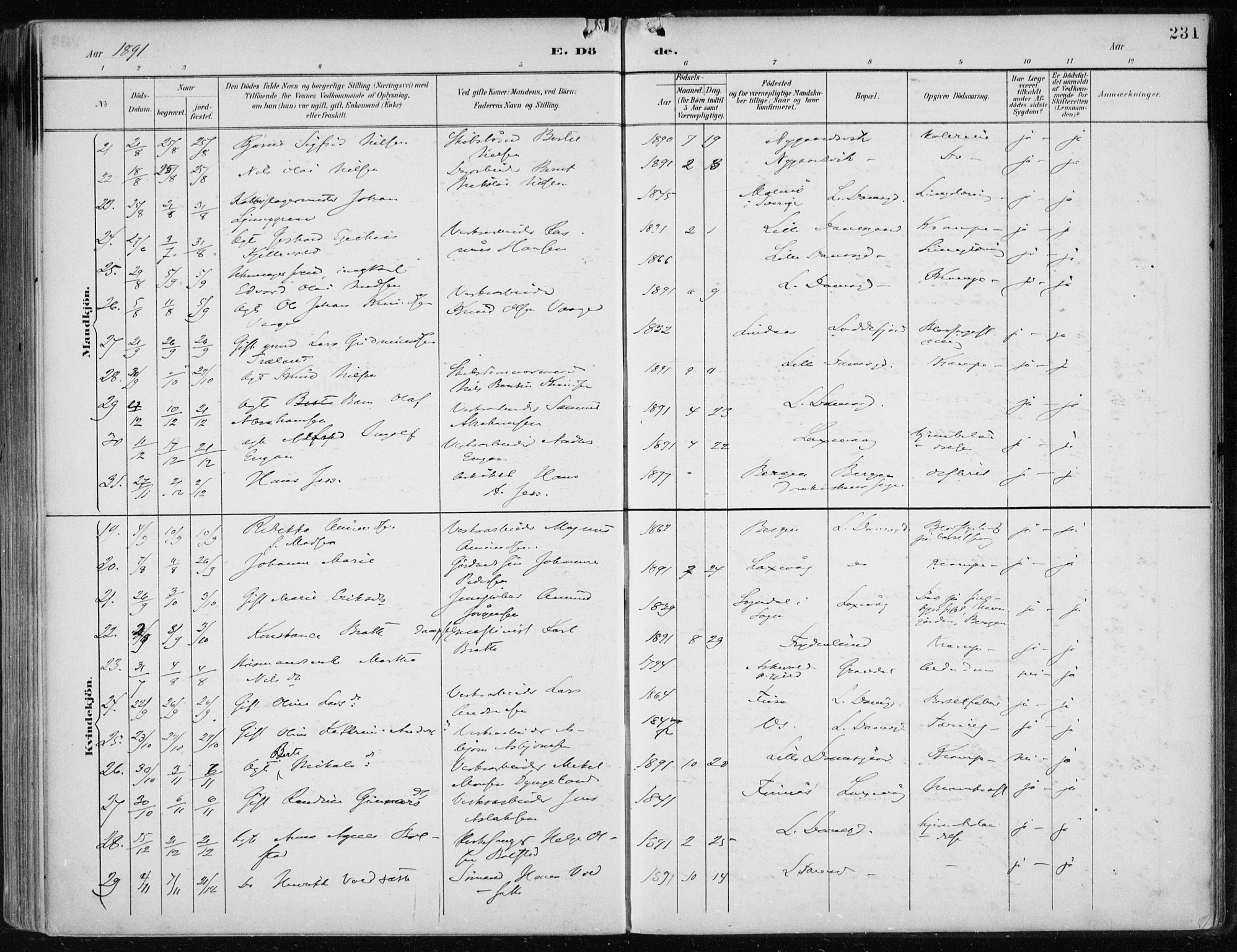 Askøy Sokneprestembete, AV/SAB-A-74101/H/Ha/Haa/Haae/L0003: Parish register (official) no. E 3, 1891-1903, p. 231