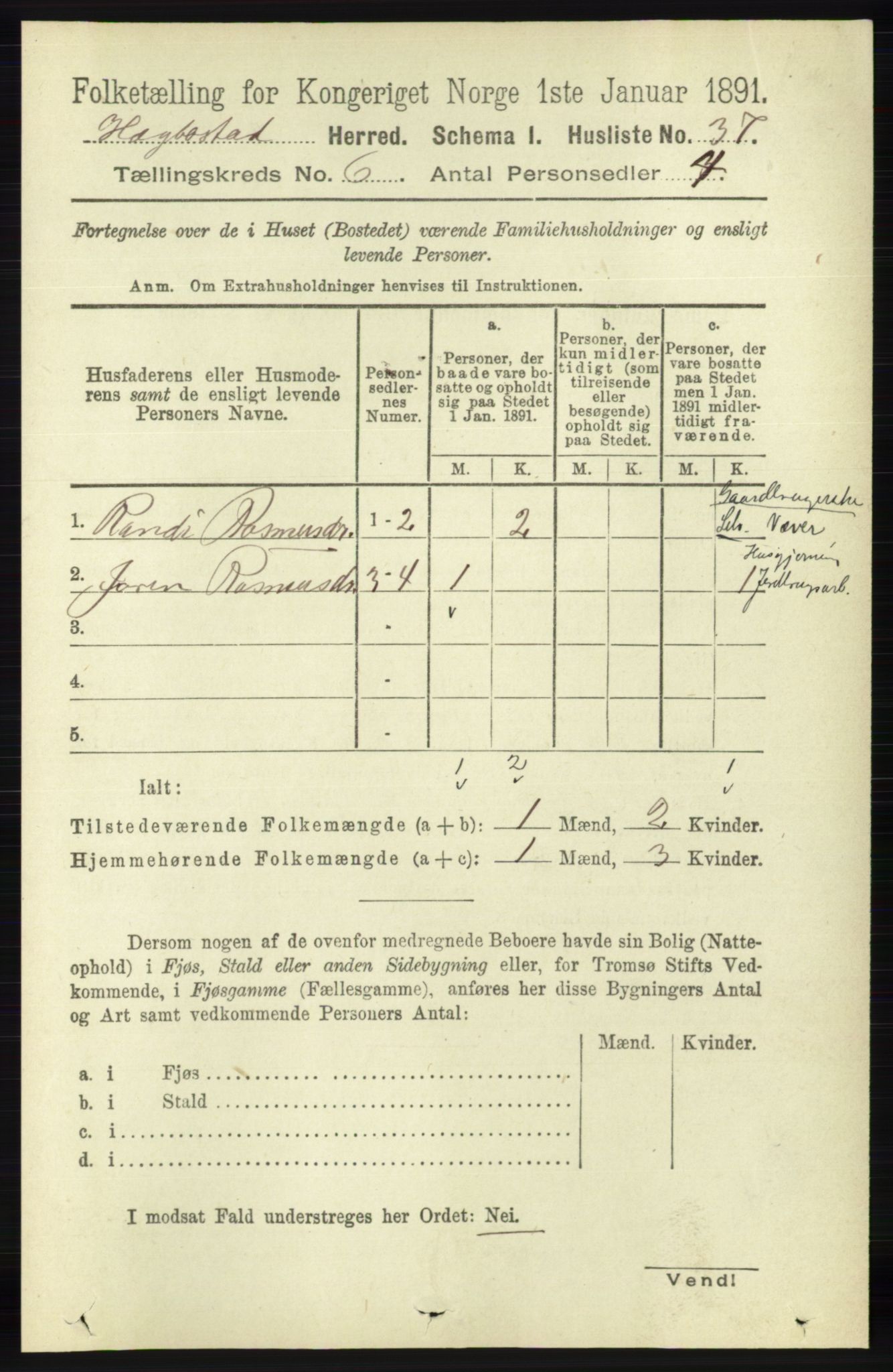 RA, 1891 census for 1034 Hægebostad, 1891, p. 1833