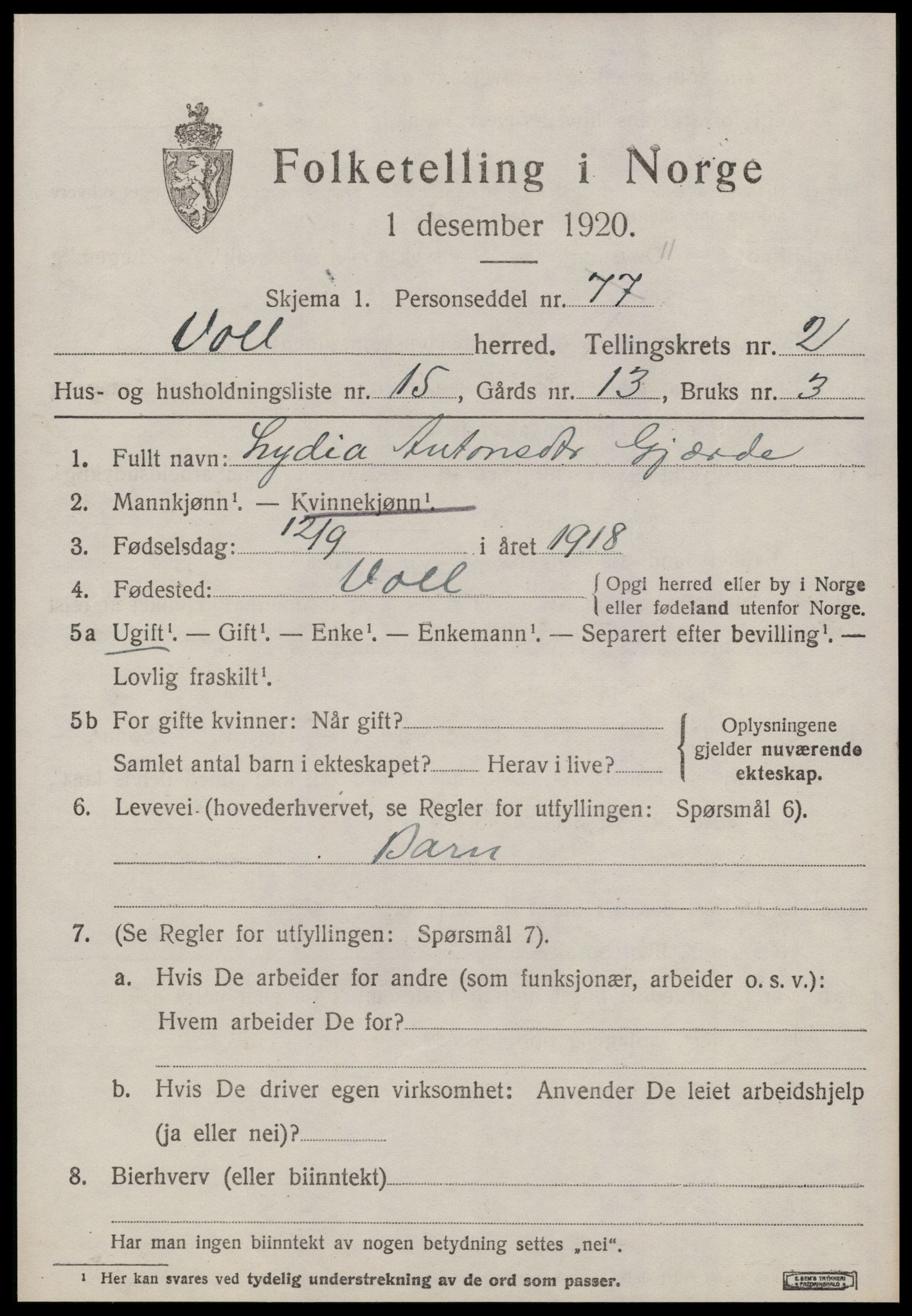 SAT, 1920 census for Voll, 1920, p. 947