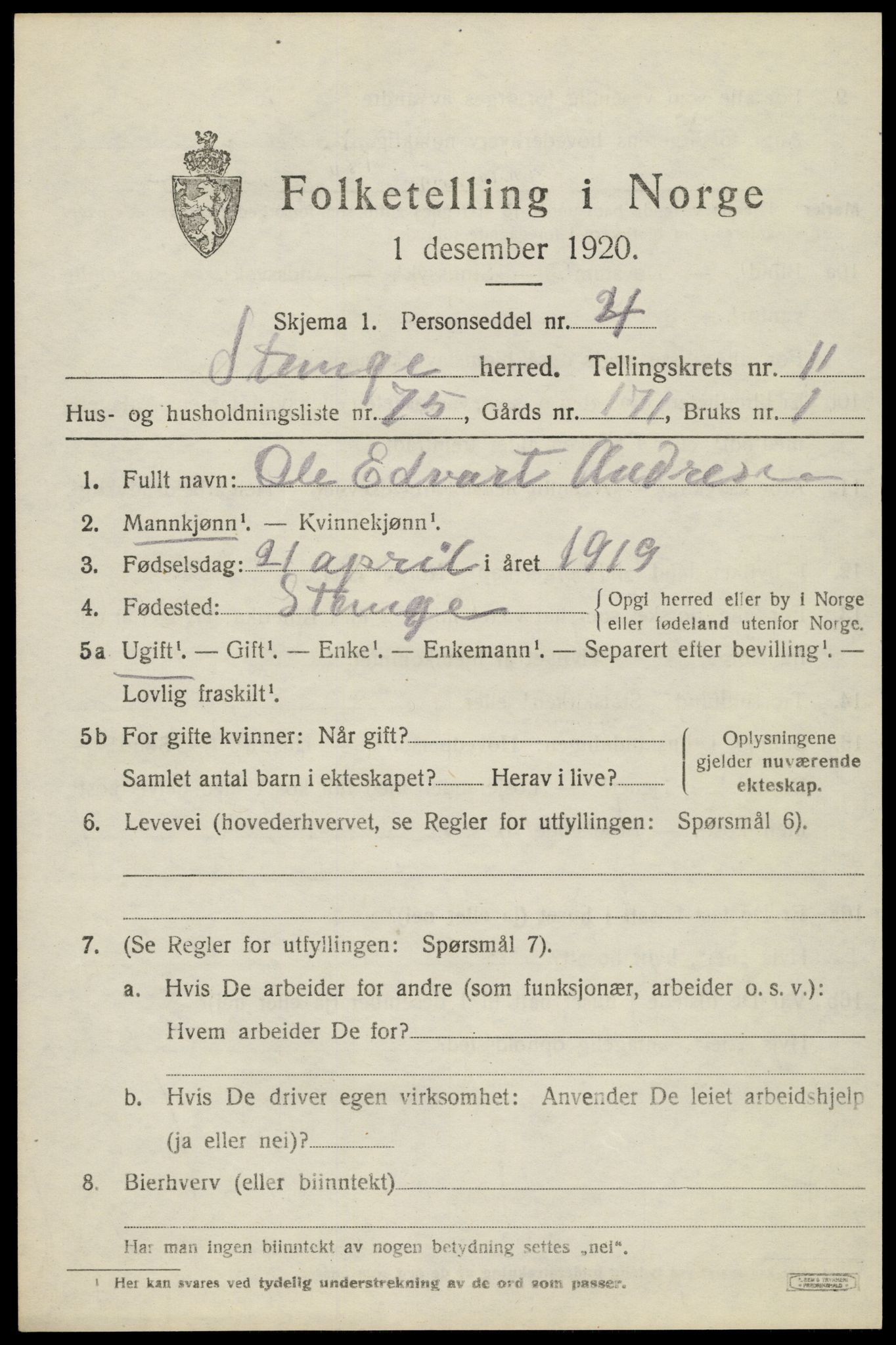 SAH, 1920 census for Stange, 1920, p. 17707