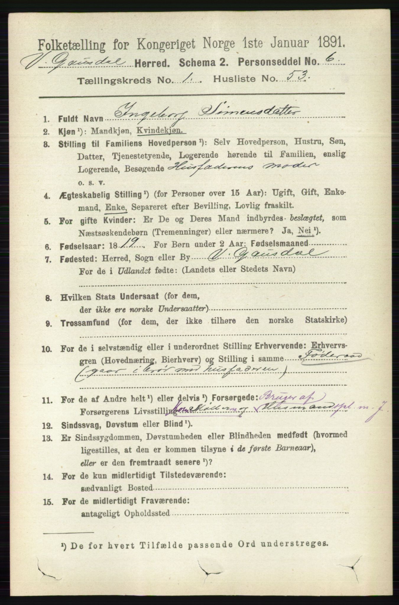 RA, 1891 census for 0523 Vestre Gausdal, 1891, p. 374