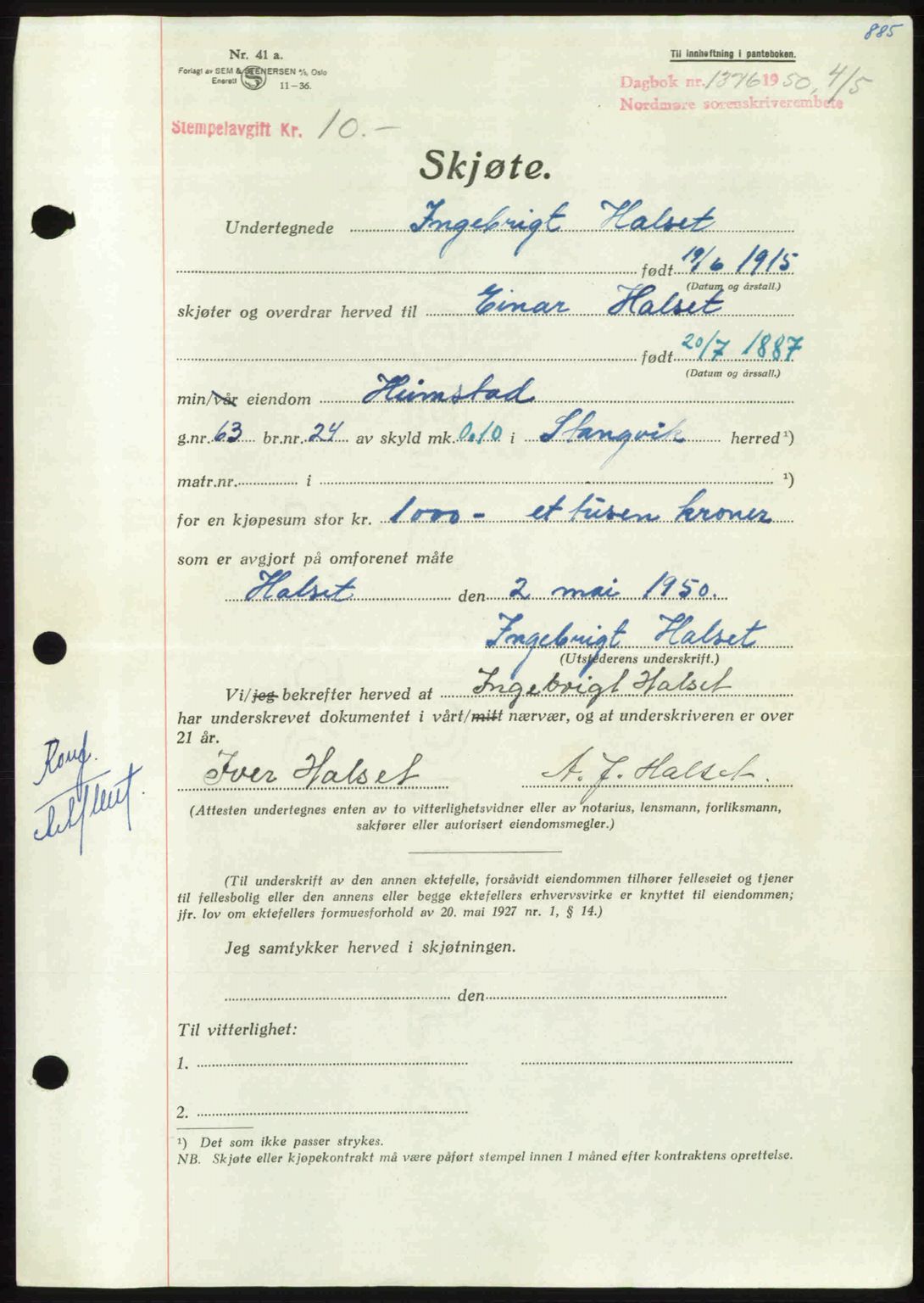 Nordmøre sorenskriveri, AV/SAT-A-4132/1/2/2Ca: Mortgage book no. A114, 1950-1950, Diary no: : 1376/1950