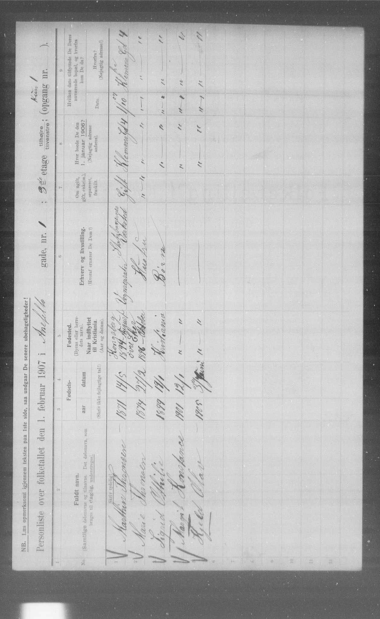 OBA, Municipal Census 1907 for Kristiania, 1907, p. 615