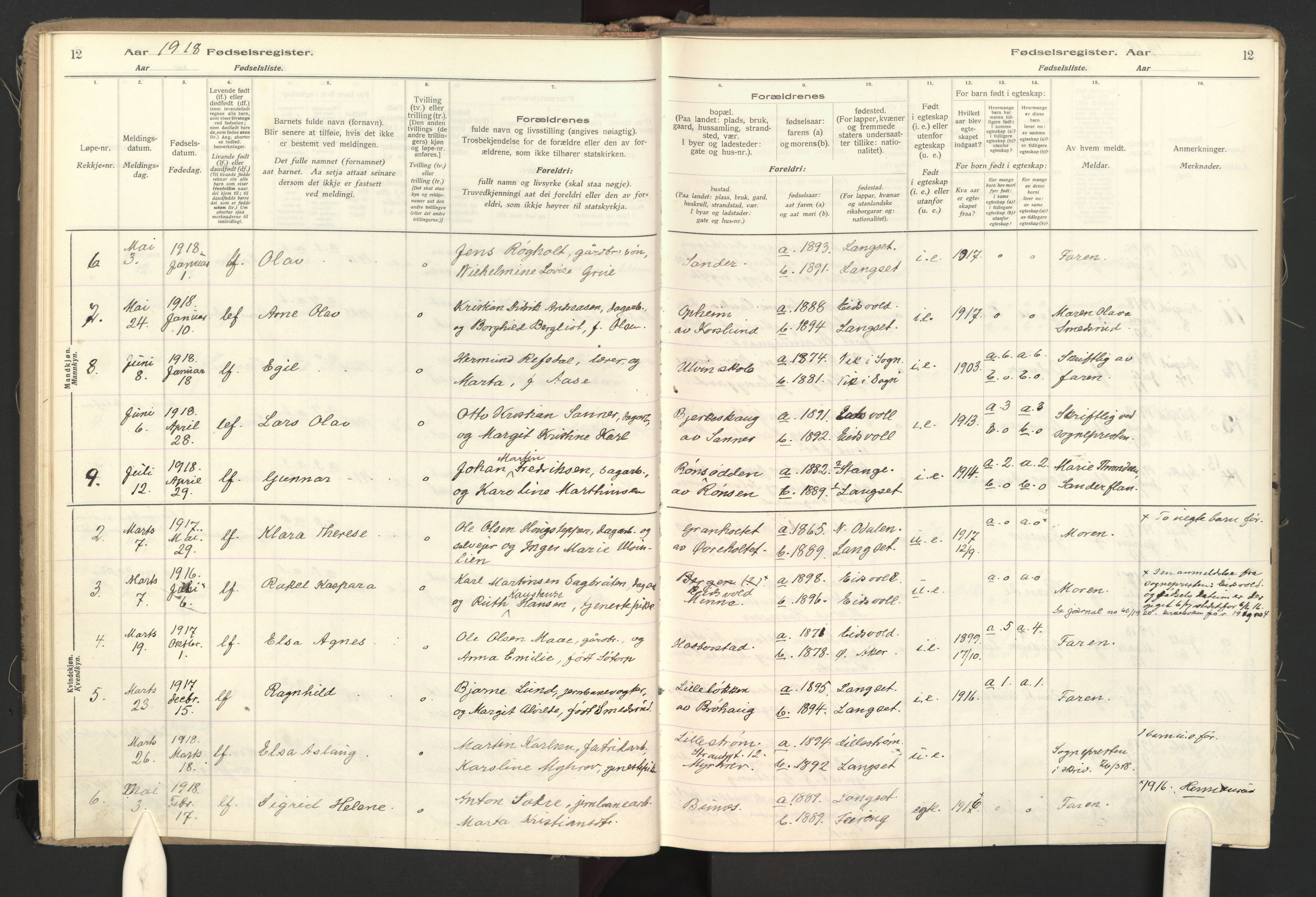 Eidsvoll prestekontor Kirkebøker, SAO/A-10888: Birth register no. II 1, 1916-1959, p. 12