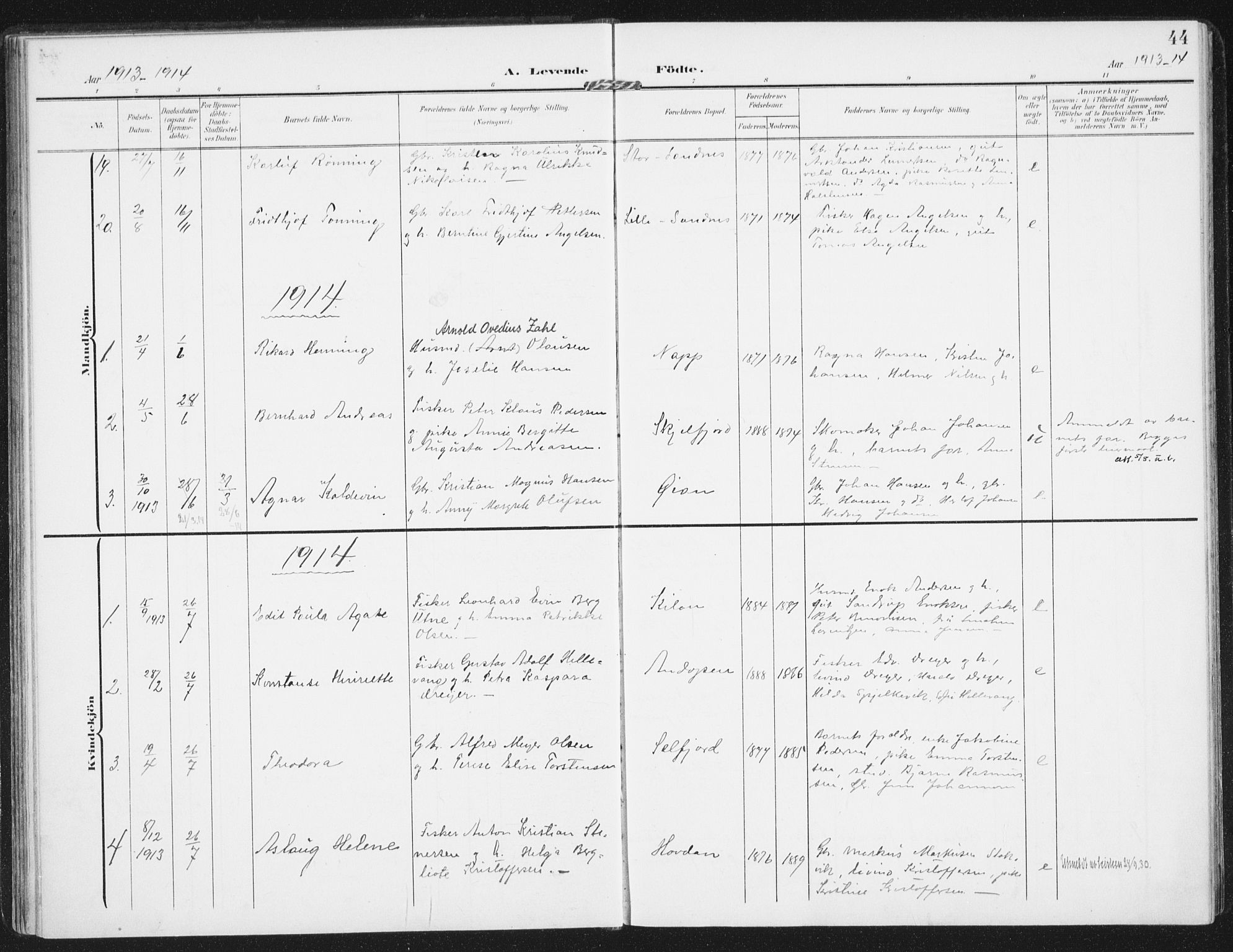 Ministerialprotokoller, klokkerbøker og fødselsregistre - Nordland, SAT/A-1459/885/L1206: Parish register (official) no. 885A07, 1905-1915, p. 44