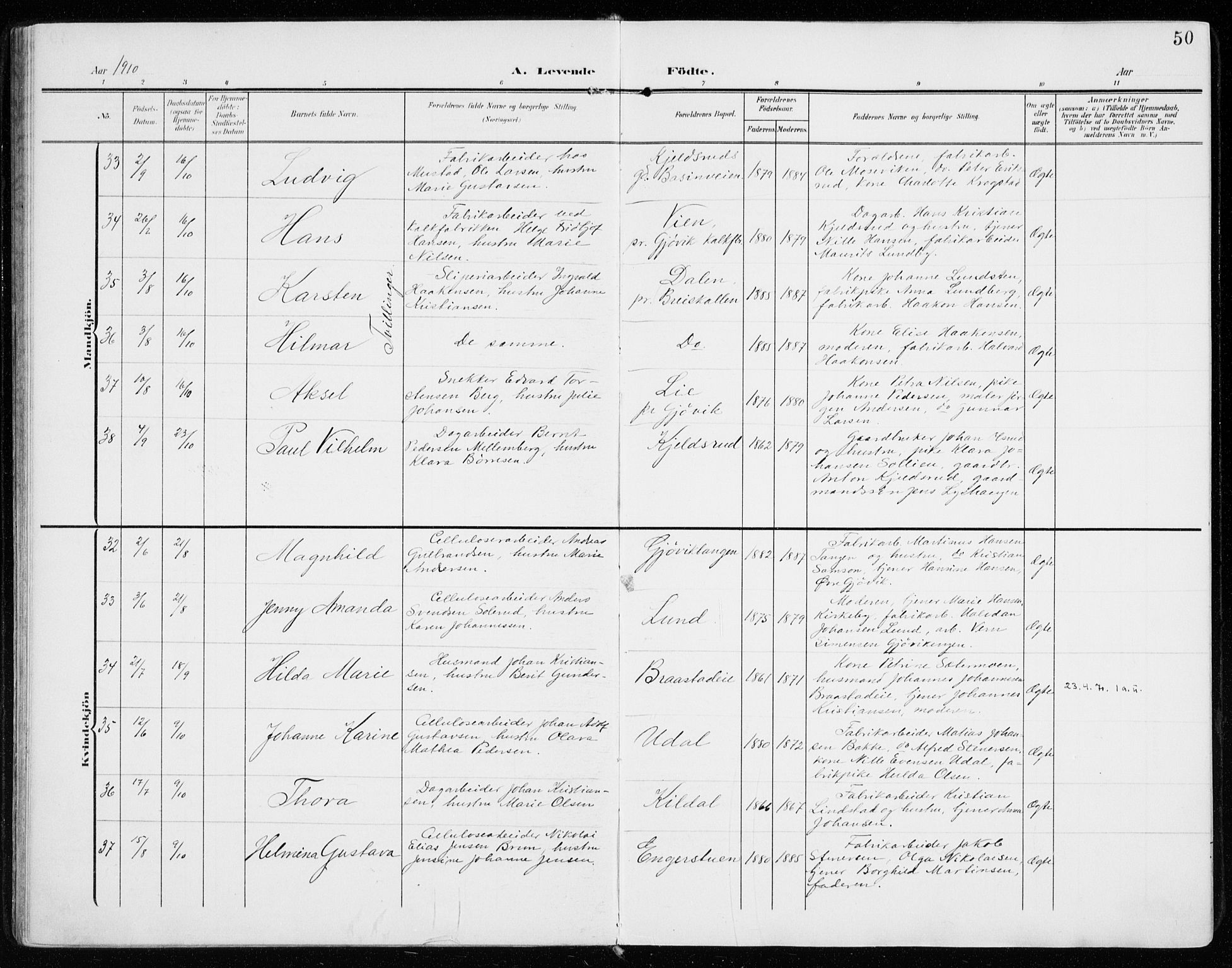 Vardal prestekontor, AV/SAH-PREST-100/H/Ha/Haa/L0016: Parish register (official) no. 16, 1904-1916, p. 50