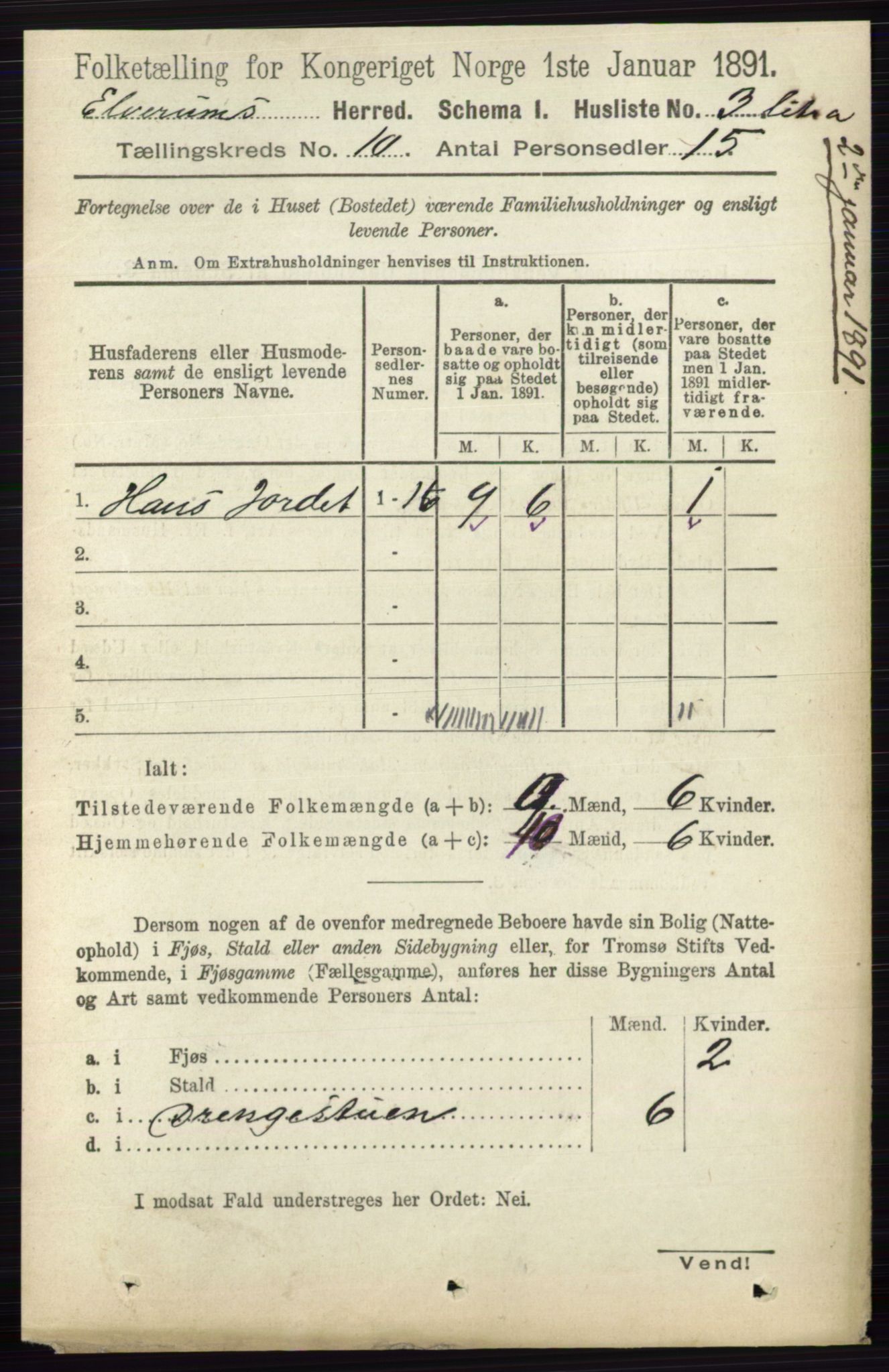 RA, 1891 census for 0427 Elverum, 1891, p. 8087