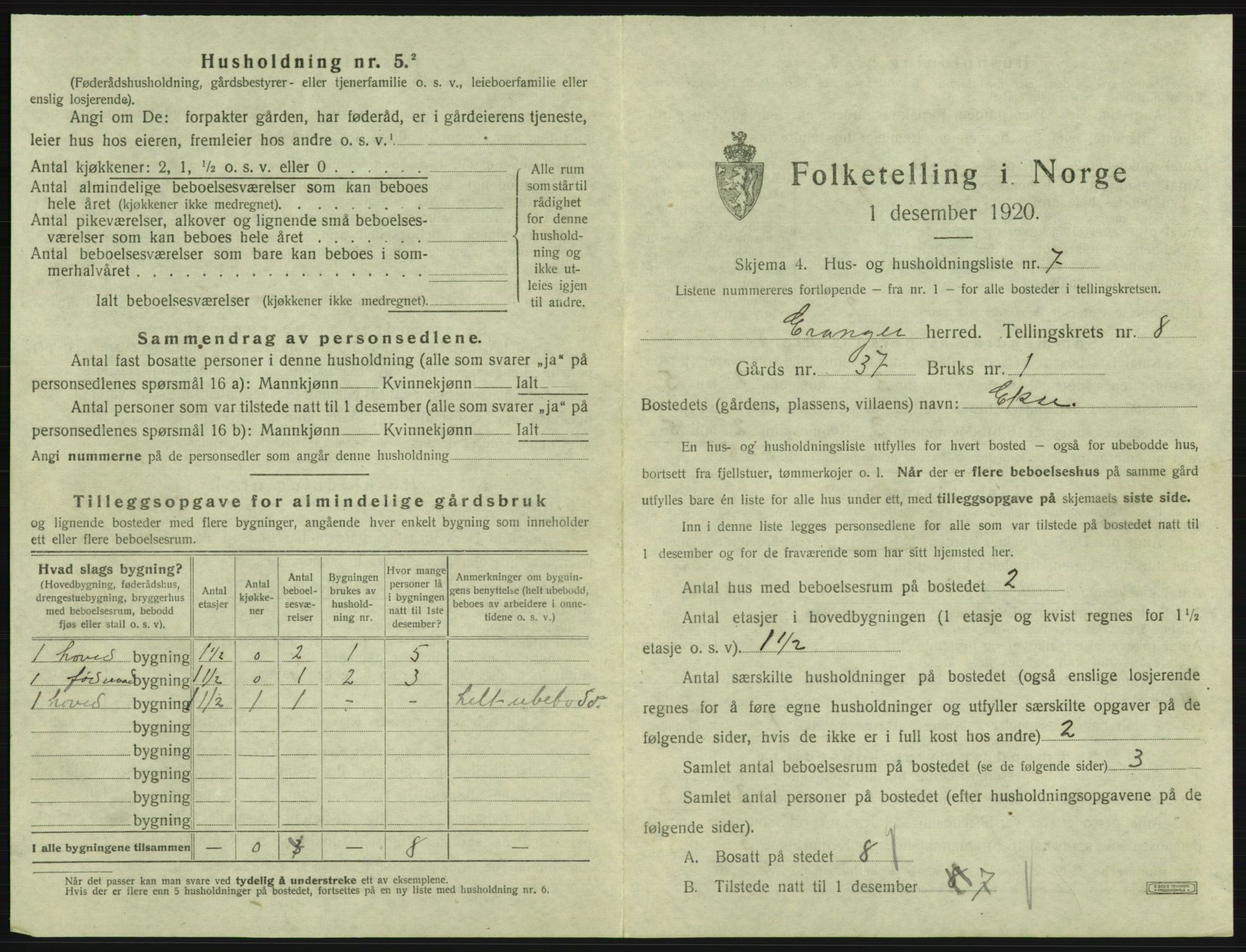 SAB, 1920 census for Evanger, 1920, p. 375