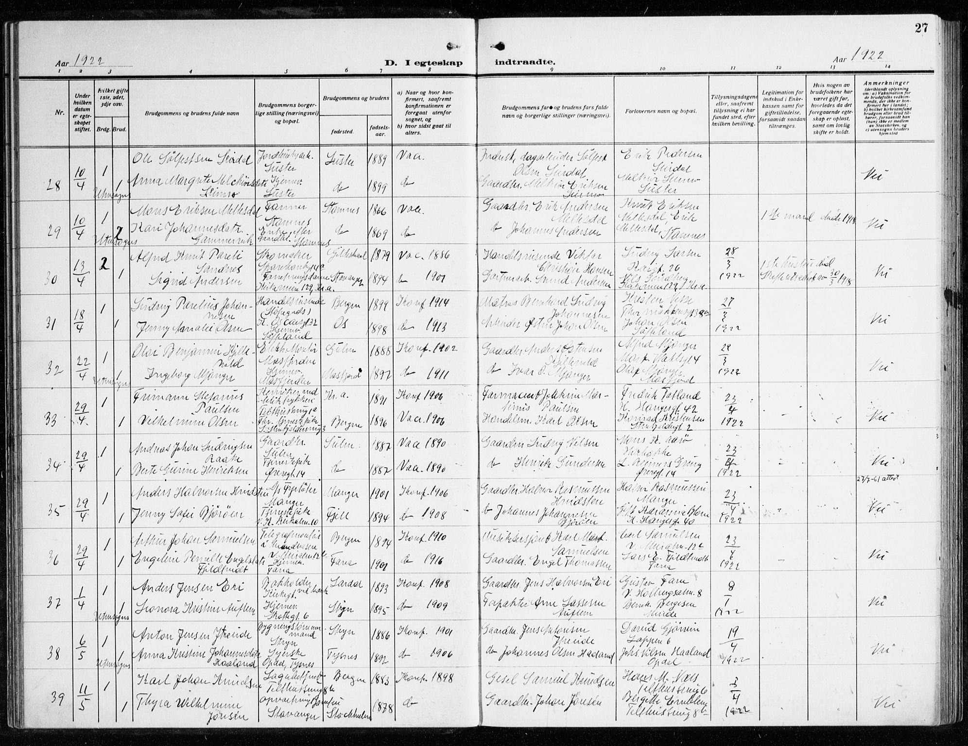Korskirken sokneprestembete, SAB/A-76101/H/Haa/L0039: Parish register (official) no. D 6, 1919-1938, p. 27
