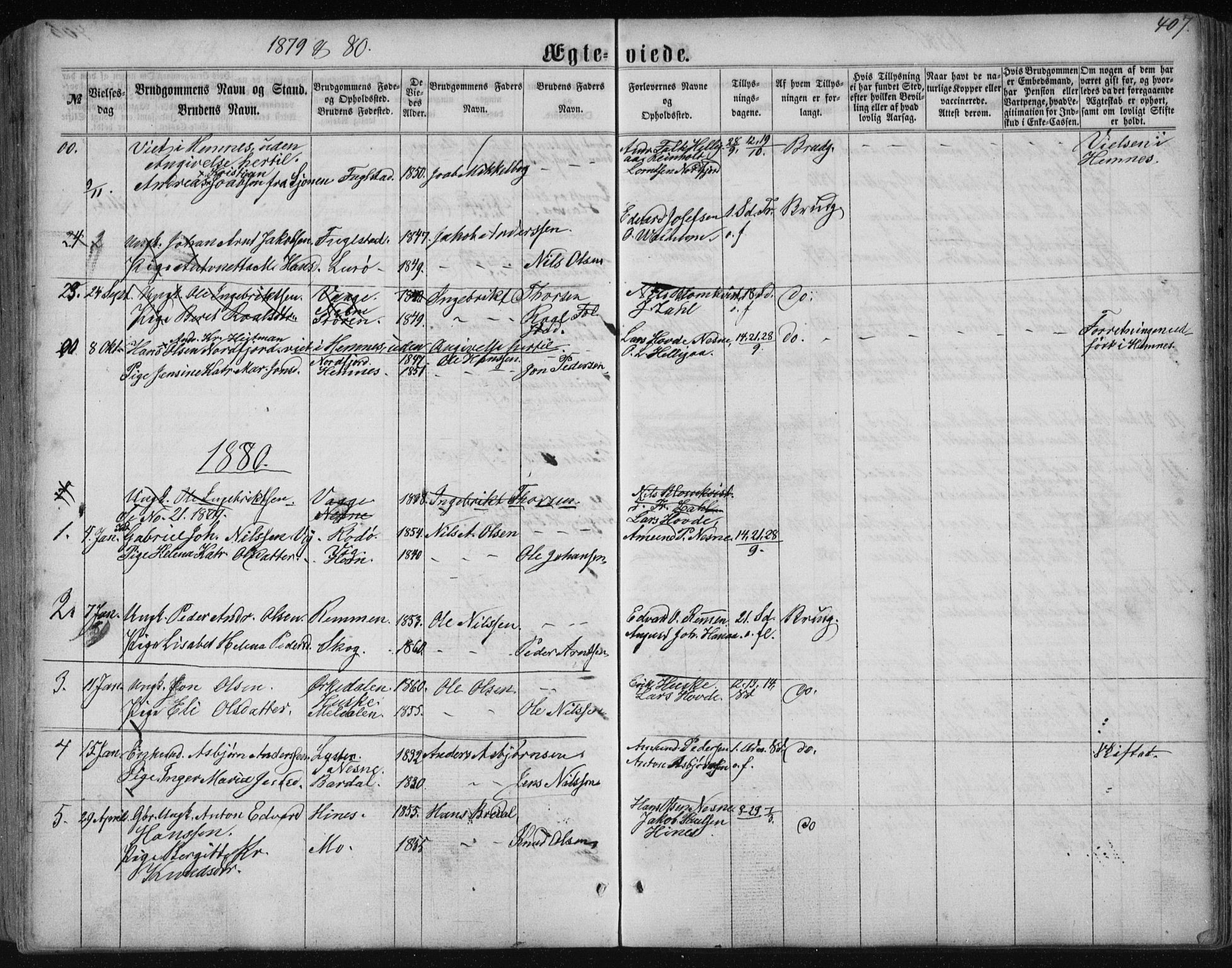 Ministerialprotokoller, klokkerbøker og fødselsregistre - Nordland, AV/SAT-A-1459/838/L0556: Parish register (copy) no. 838C03, 1861-1893, p. 407