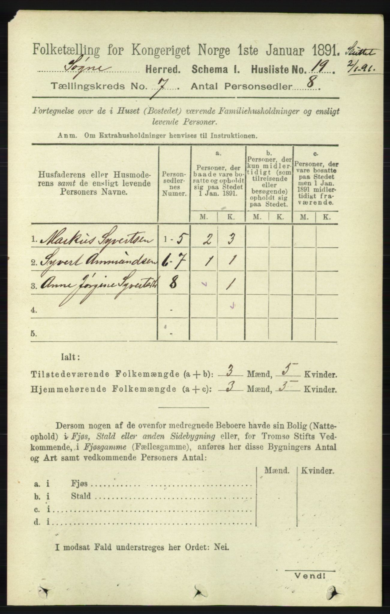 RA, 1891 census for 1018 Søgne, 1891, p. 1442
