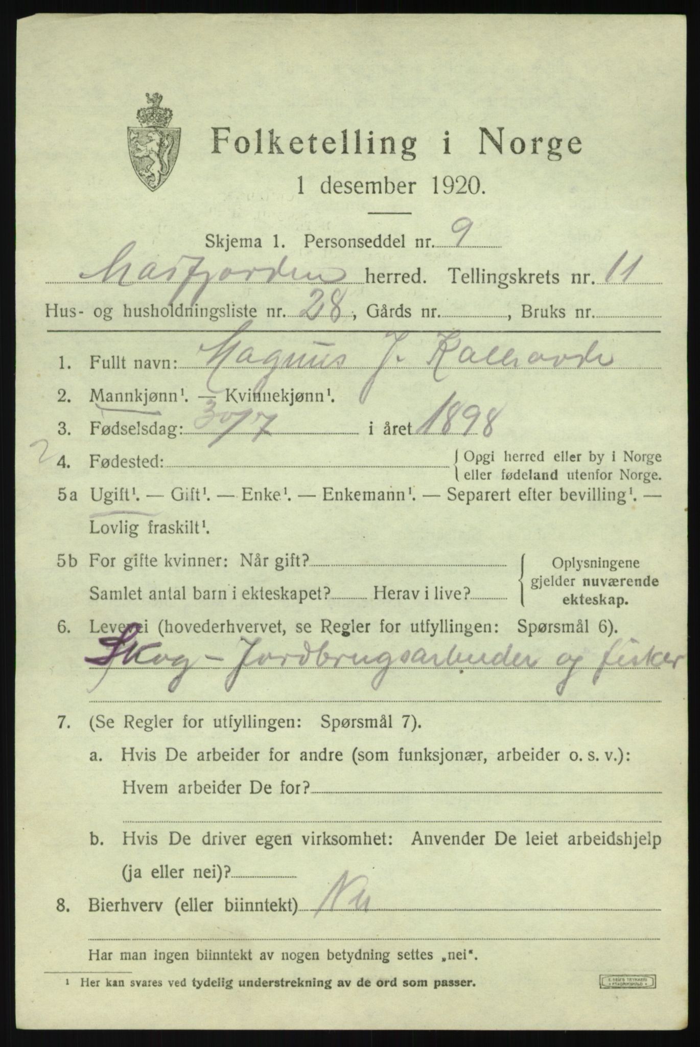 SAB, 1920 census for Masfjorden, 1920, p. 4465