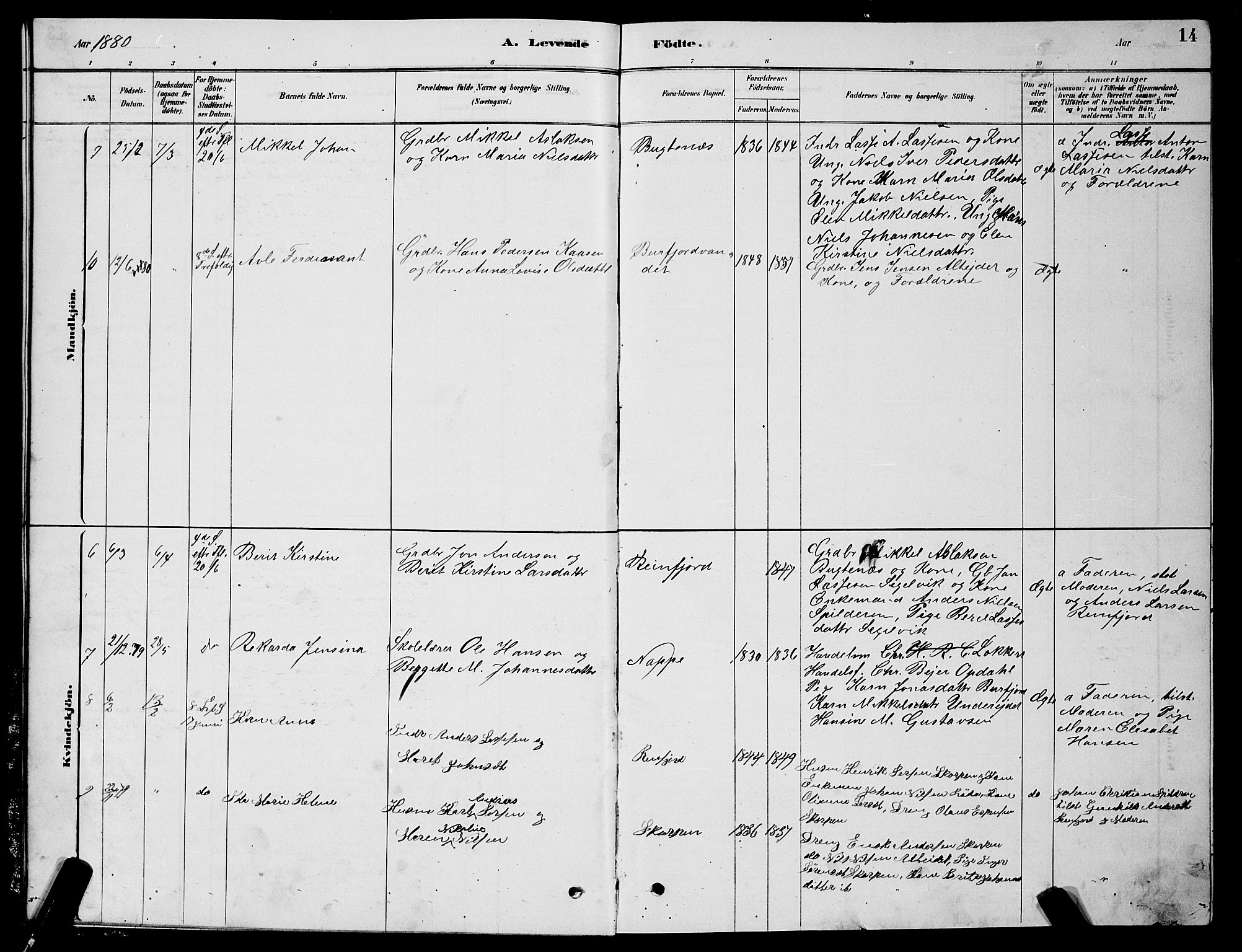 Skjervøy sokneprestkontor, AV/SATØ-S-1300/H/Ha/Hab/L0015klokker: Parish register (copy) no. 15, 1878-1890, p. 14