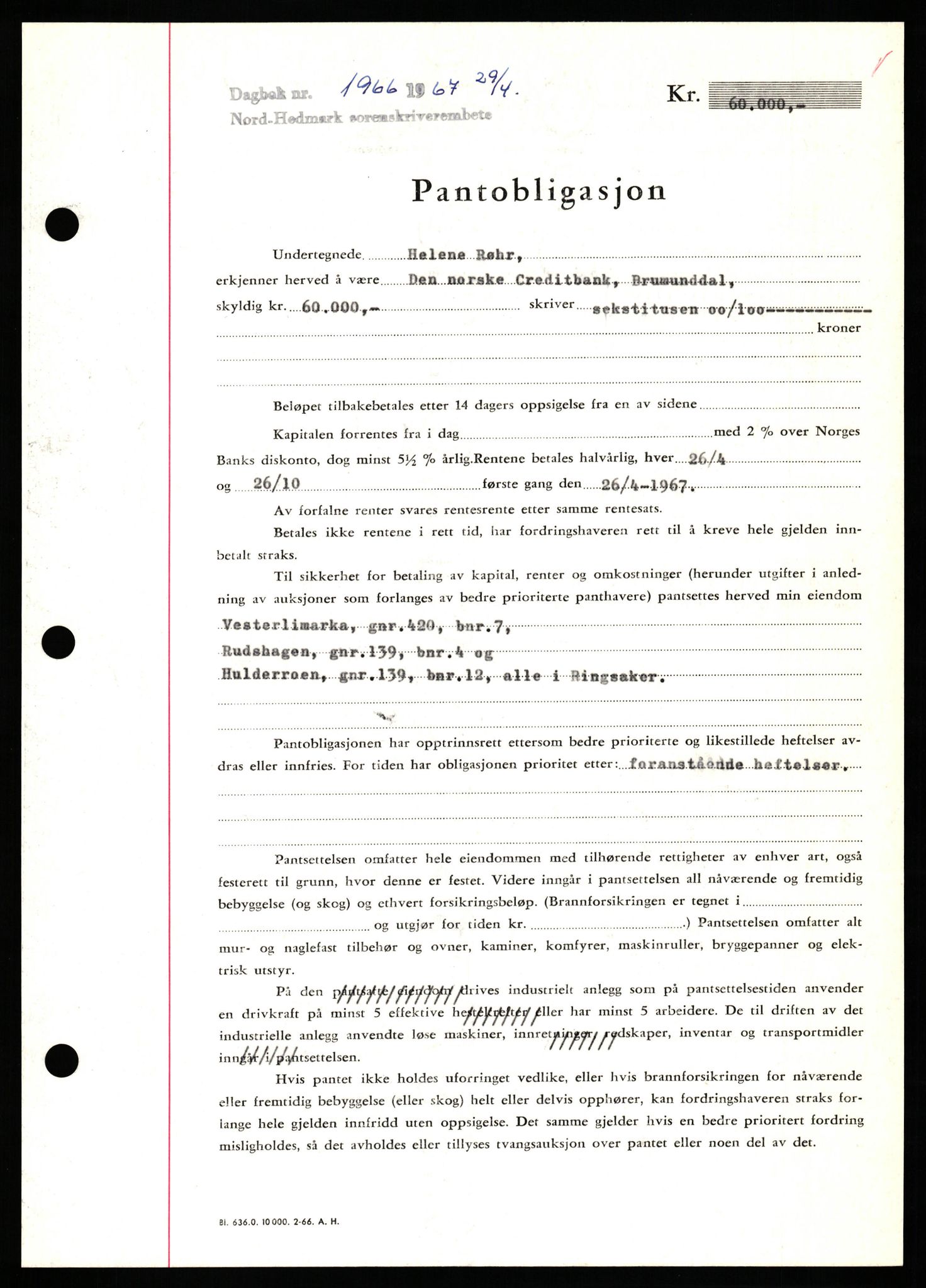 Nord-Hedmark sorenskriveri, SAH/TING-012/H/Hb/Hbf/L0071: Mortgage book no. B71, 1967-1967, Diary no: : 1966/1967