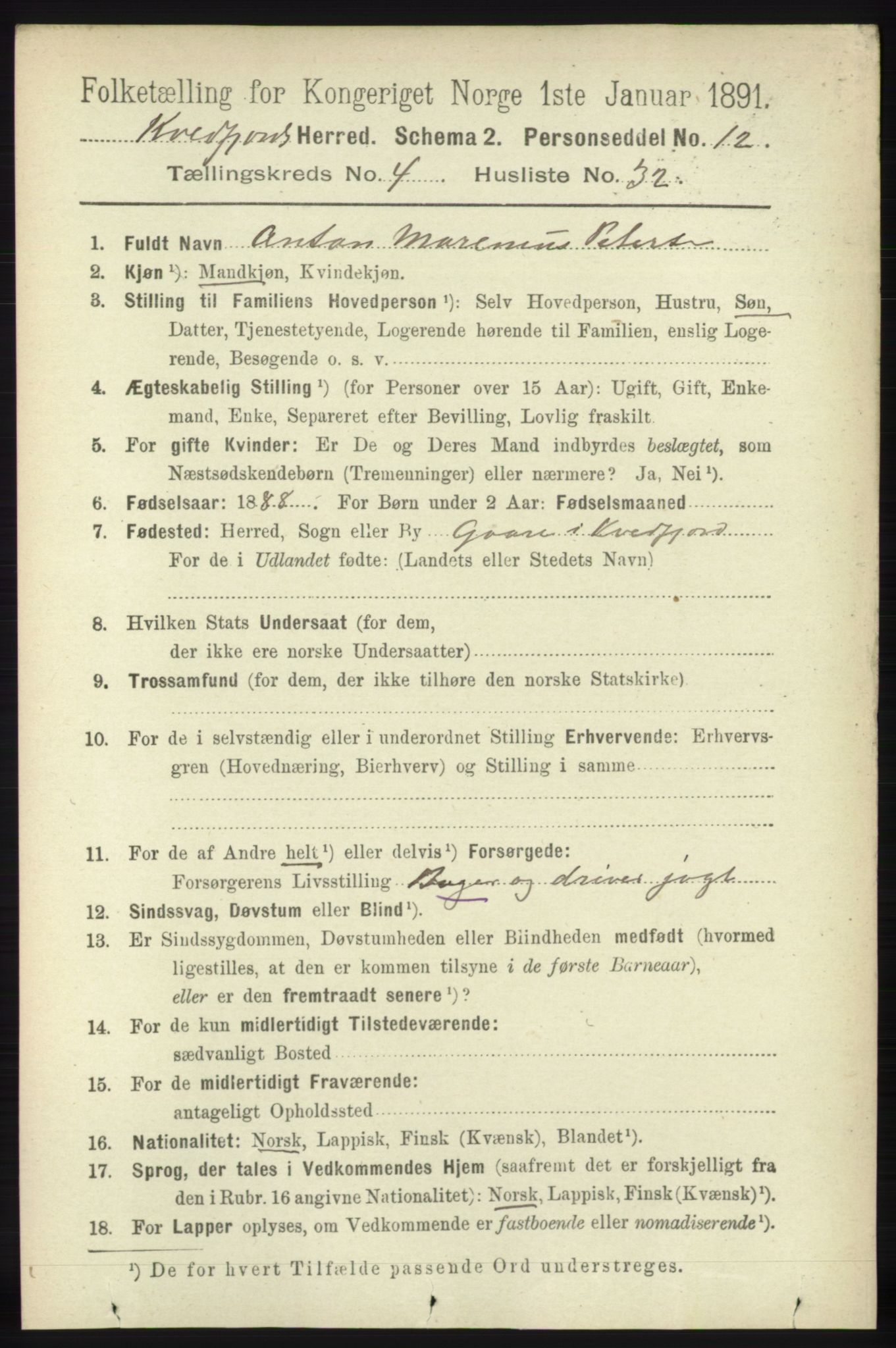 RA, 1891 census for 1911 Kvæfjord, 1891, p. 2110