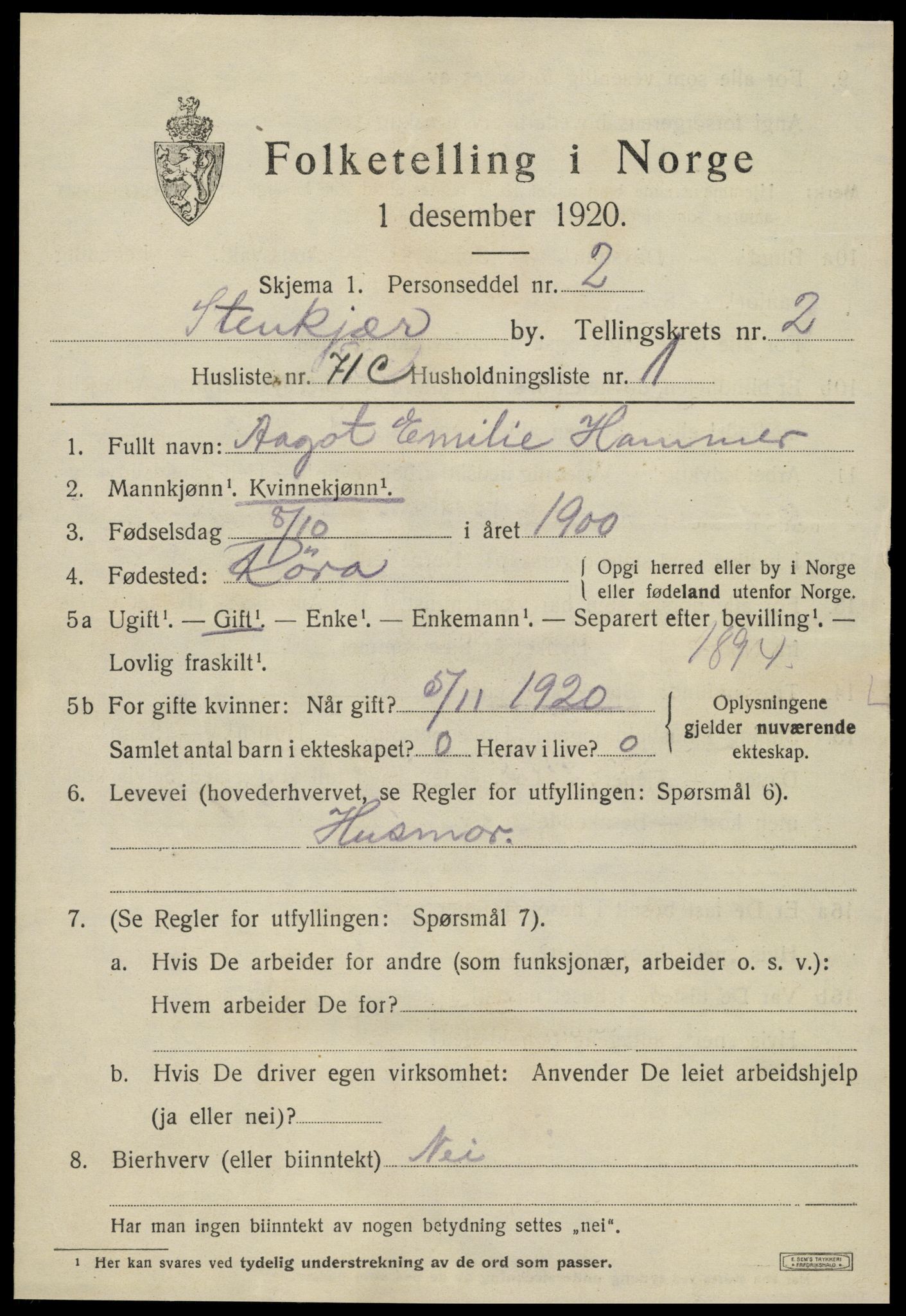 SAT, 1920 census for Steinkjer, 1920, p. 5724