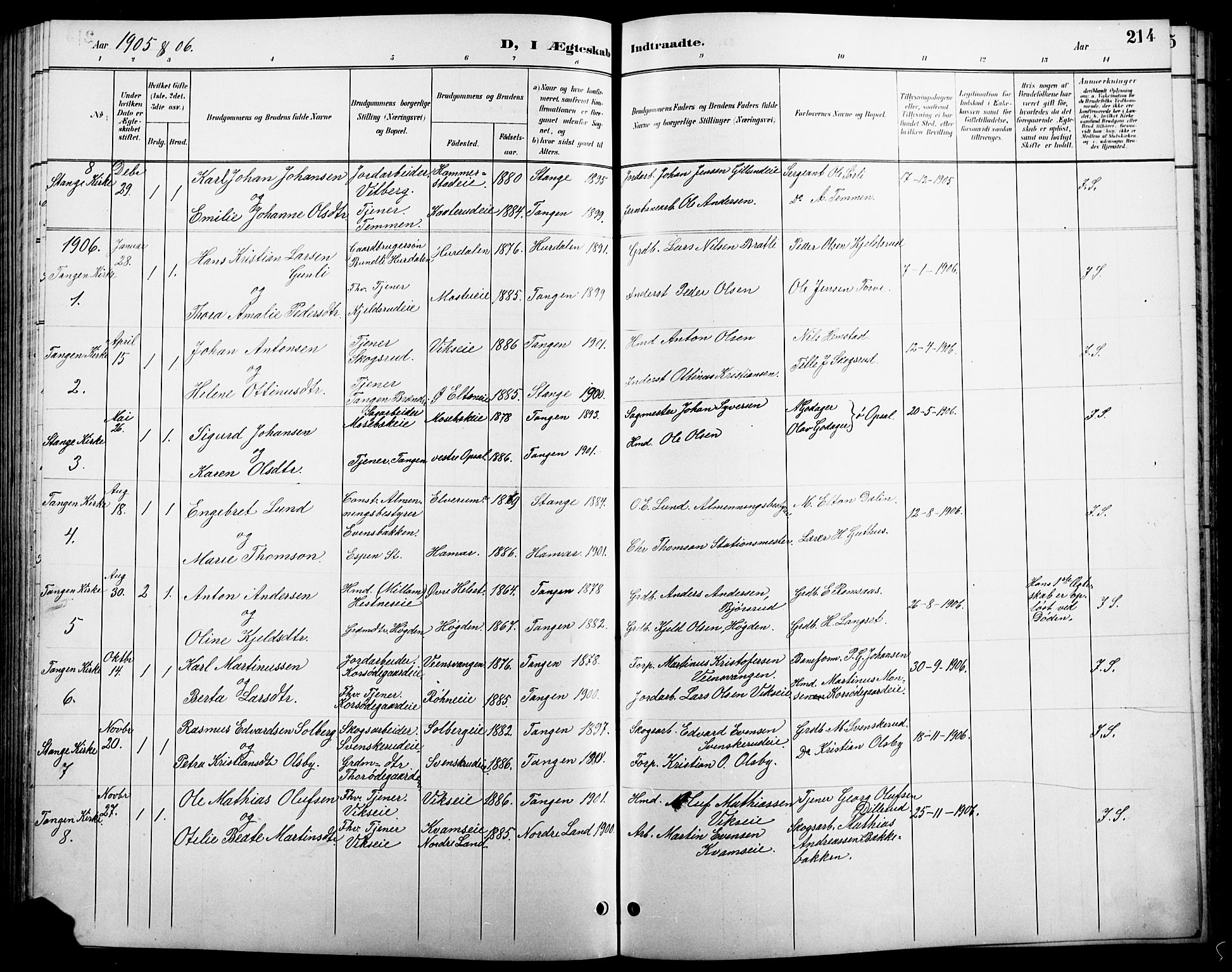 Stange prestekontor, SAH/PREST-002/L/L0011: Parish register (copy) no. 11, 1895-1917, p. 214