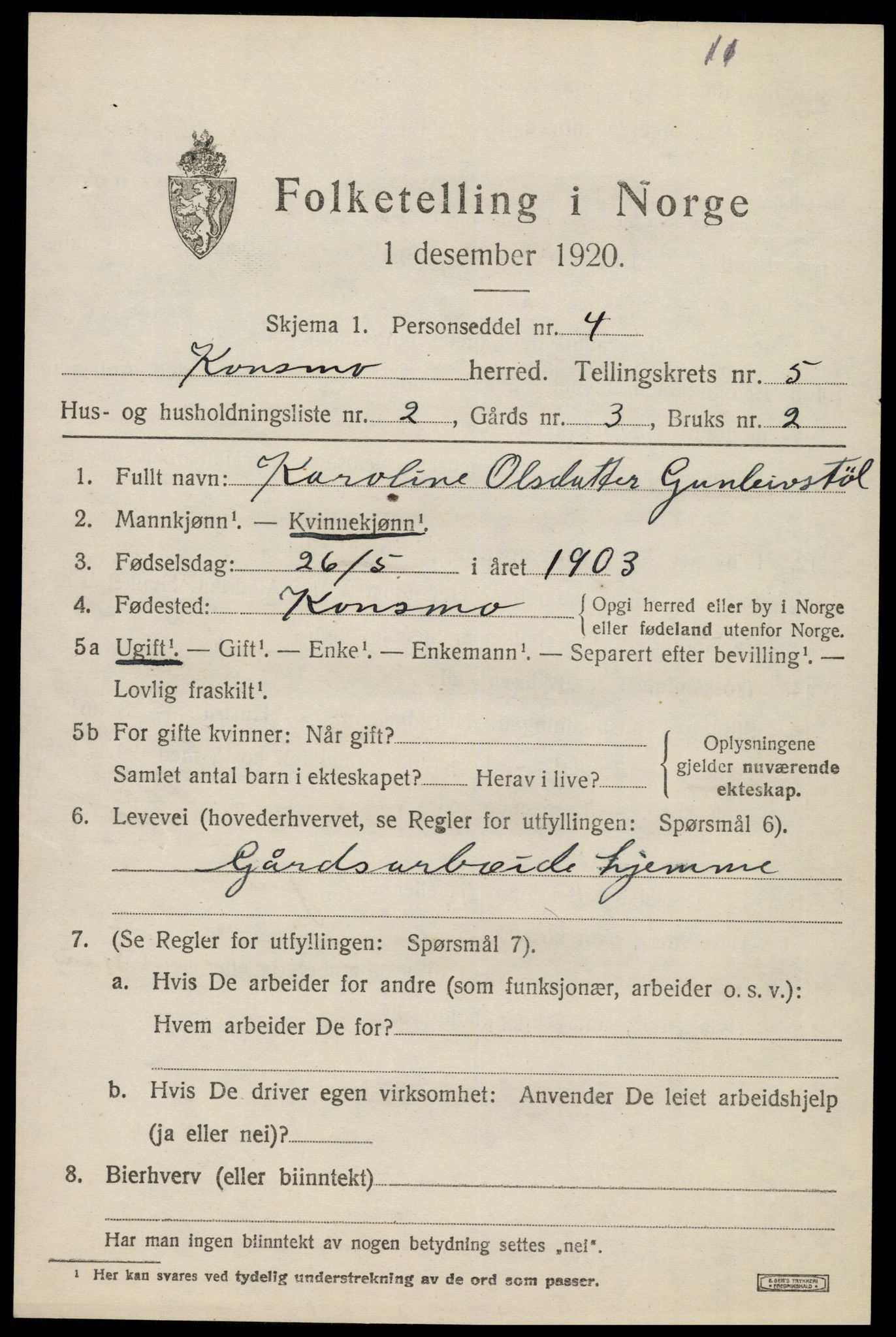 SAK, 1920 census for Konsmo, 1920, p. 1286