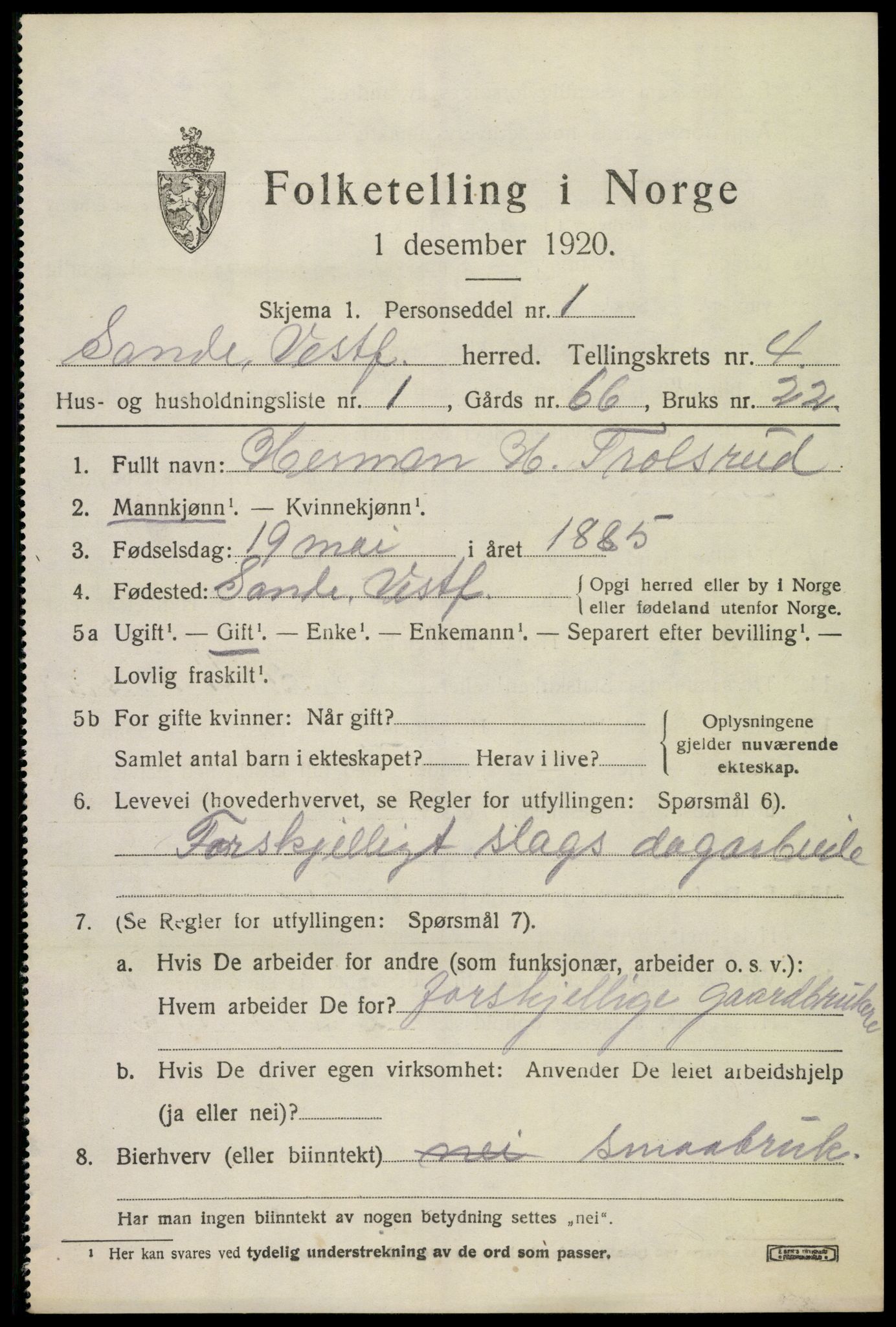 SAKO, 1920 census for Sande, 1920, p. 5614