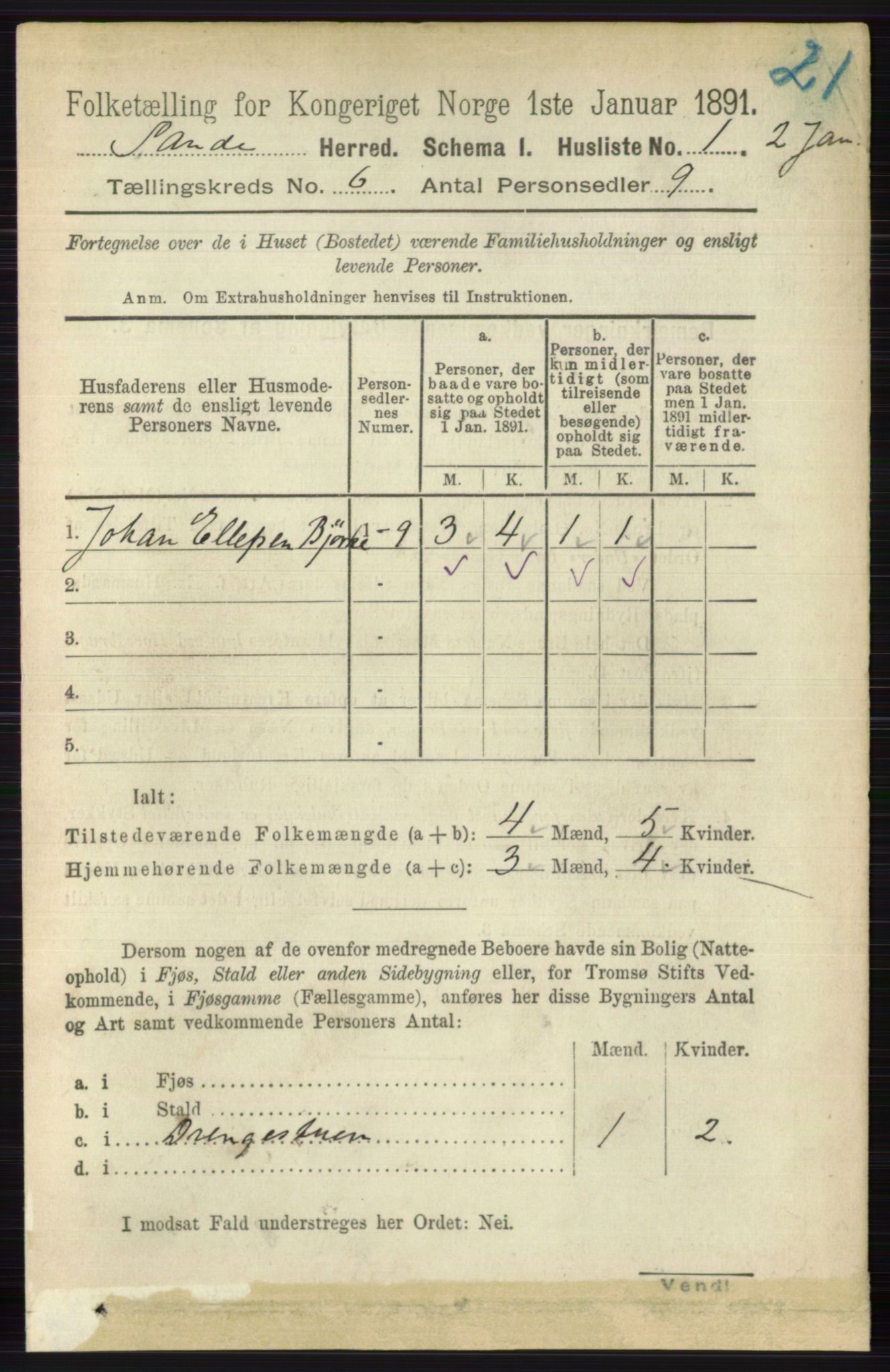 RA, 1891 census for 0713 Sande, 1891, p. 2610
