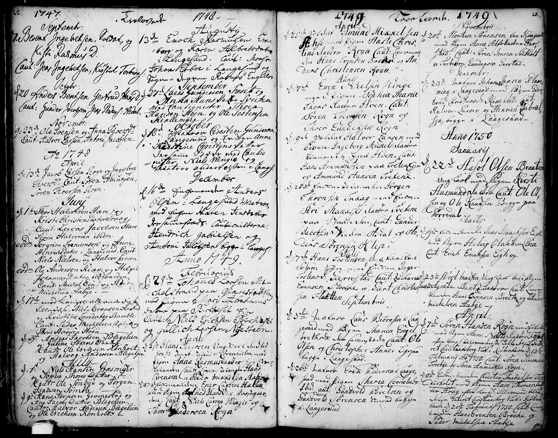Bamble kirkebøker, SAKO/A-253/F/Fa/L0001: Parish register (official) no. I 1, 1702-1774, p. 24-25