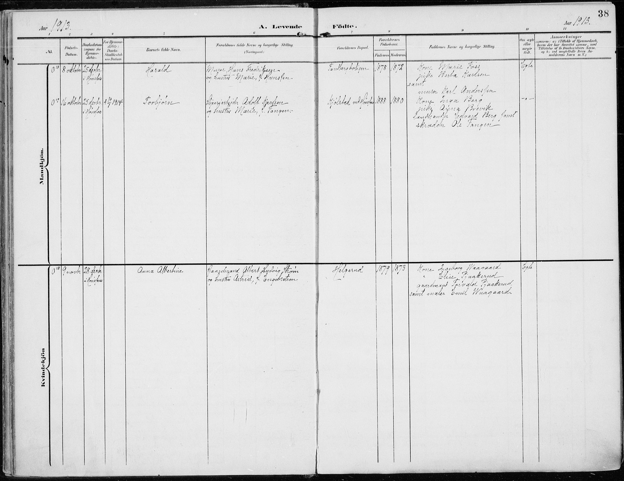 Norderhov kirkebøker, AV/SAKO-A-237/F/Fa/L0017: Parish register (official) no. 17, 1903-1919, p. 38