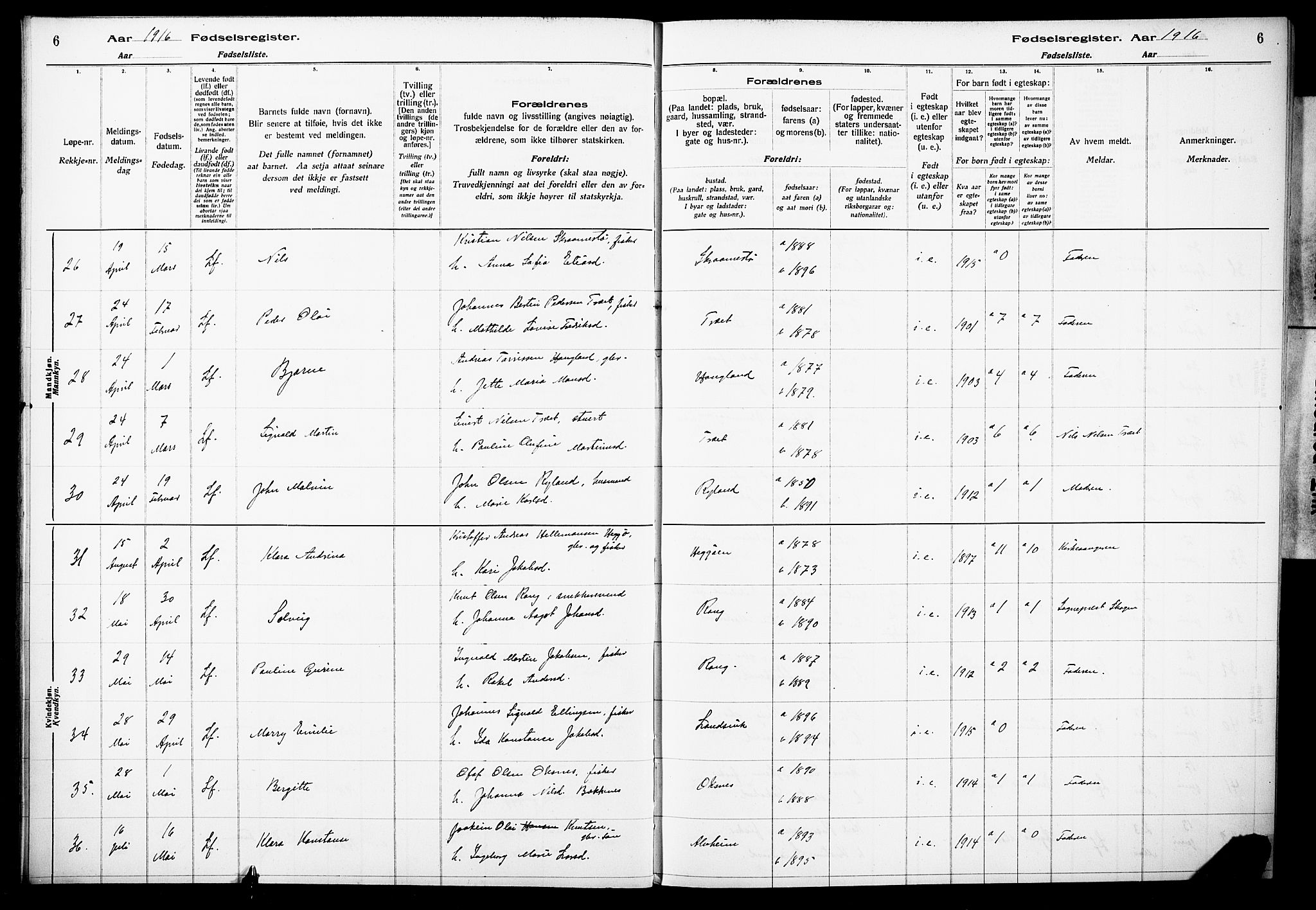 Herdla Sokneprestembete, SAB/A-75701/I/Id/L00A1: Birth register no. A 1, 1916-1929, p. 6