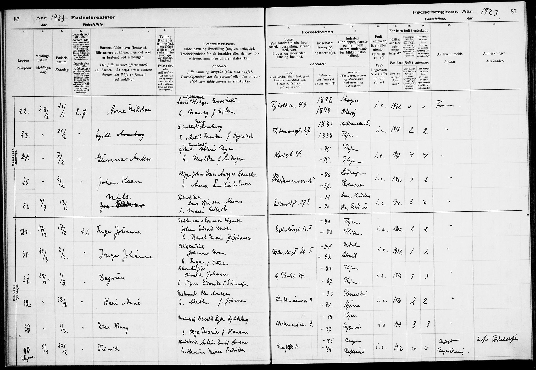 Ministerialprotokoller, klokkerbøker og fødselsregistre - Sør-Trøndelag, AV/SAT-A-1456/604/L0233: Birth register no. 604.II.4.2, 1920-1928, p. 87