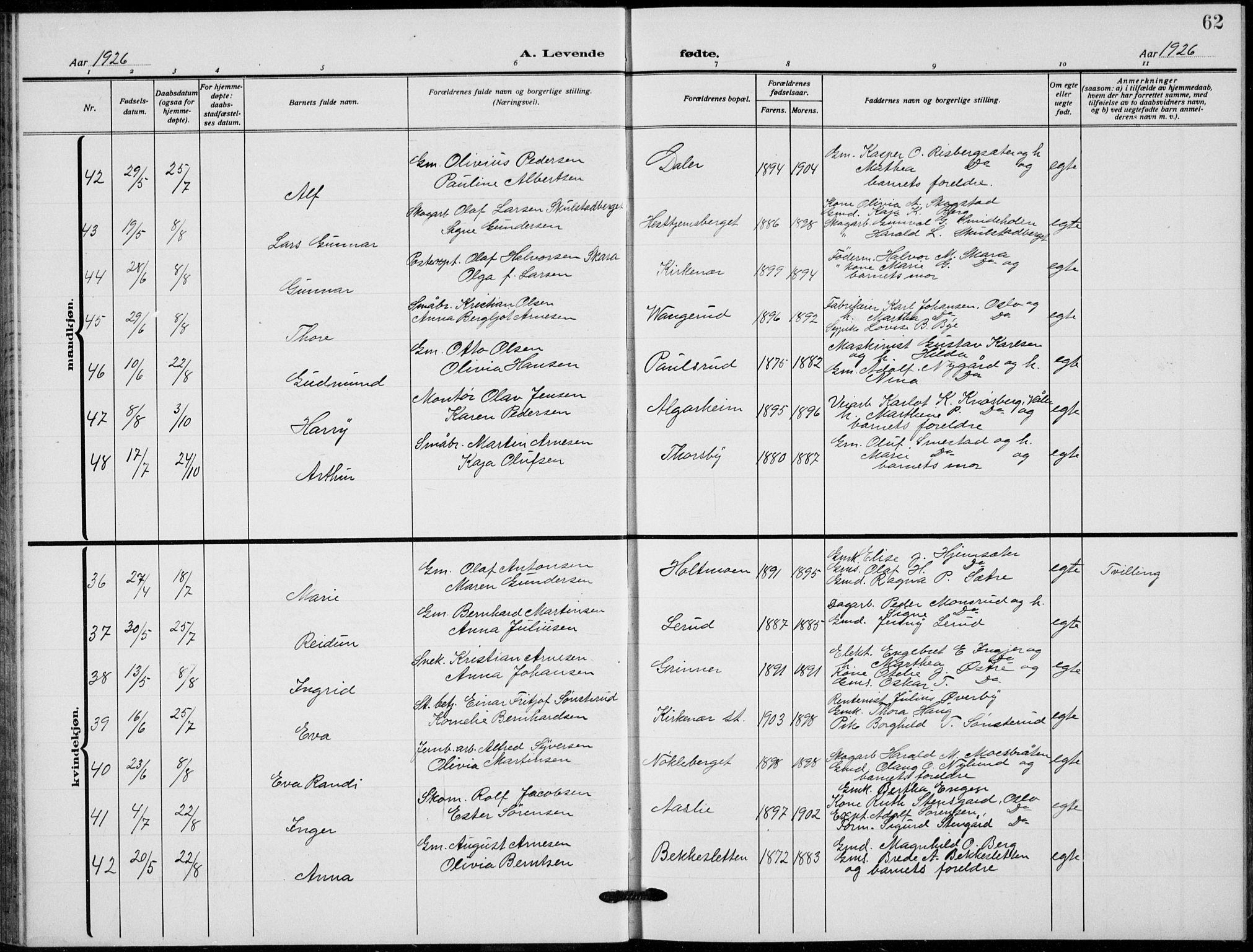 Grue prestekontor, AV/SAH-PREST-036/H/Ha/Hab/L0008: Parish register (copy) no. 8, 1921-1934, p. 62