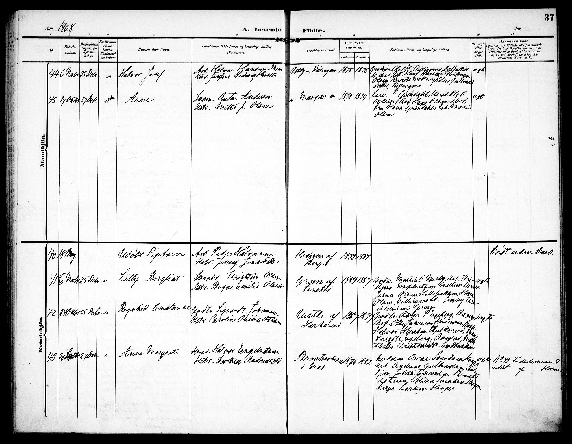 Aurskog prestekontor Kirkebøker, AV/SAO-A-10304a/F/Fa/L0011: Parish register (official) no. I 11, 1905-1911, p. 37