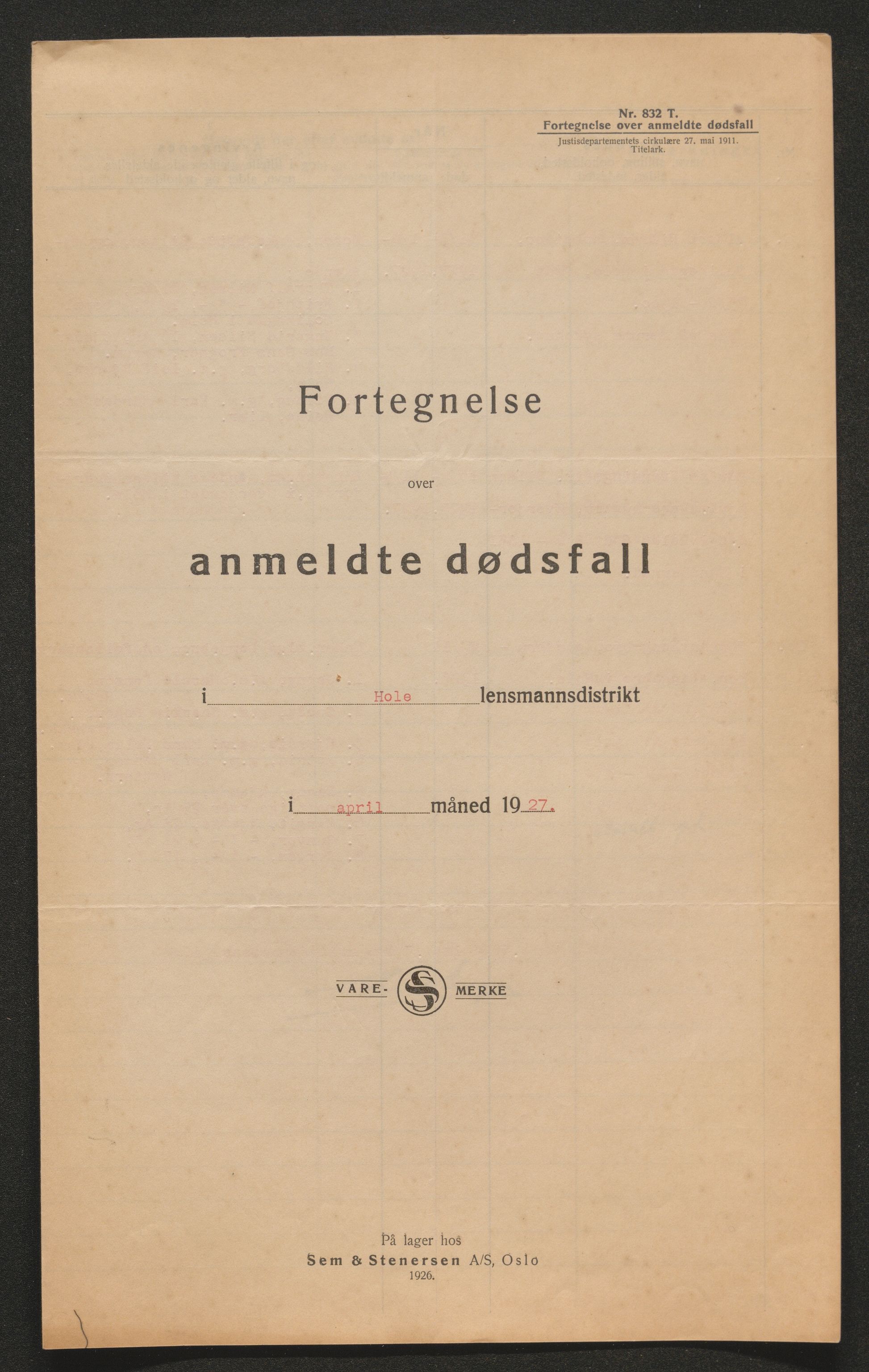 Ringerike sorenskriveri, AV/SAKO-A-105/H/Ha/Hab/L0021: Dødsfallslister Hole, 1926-1932