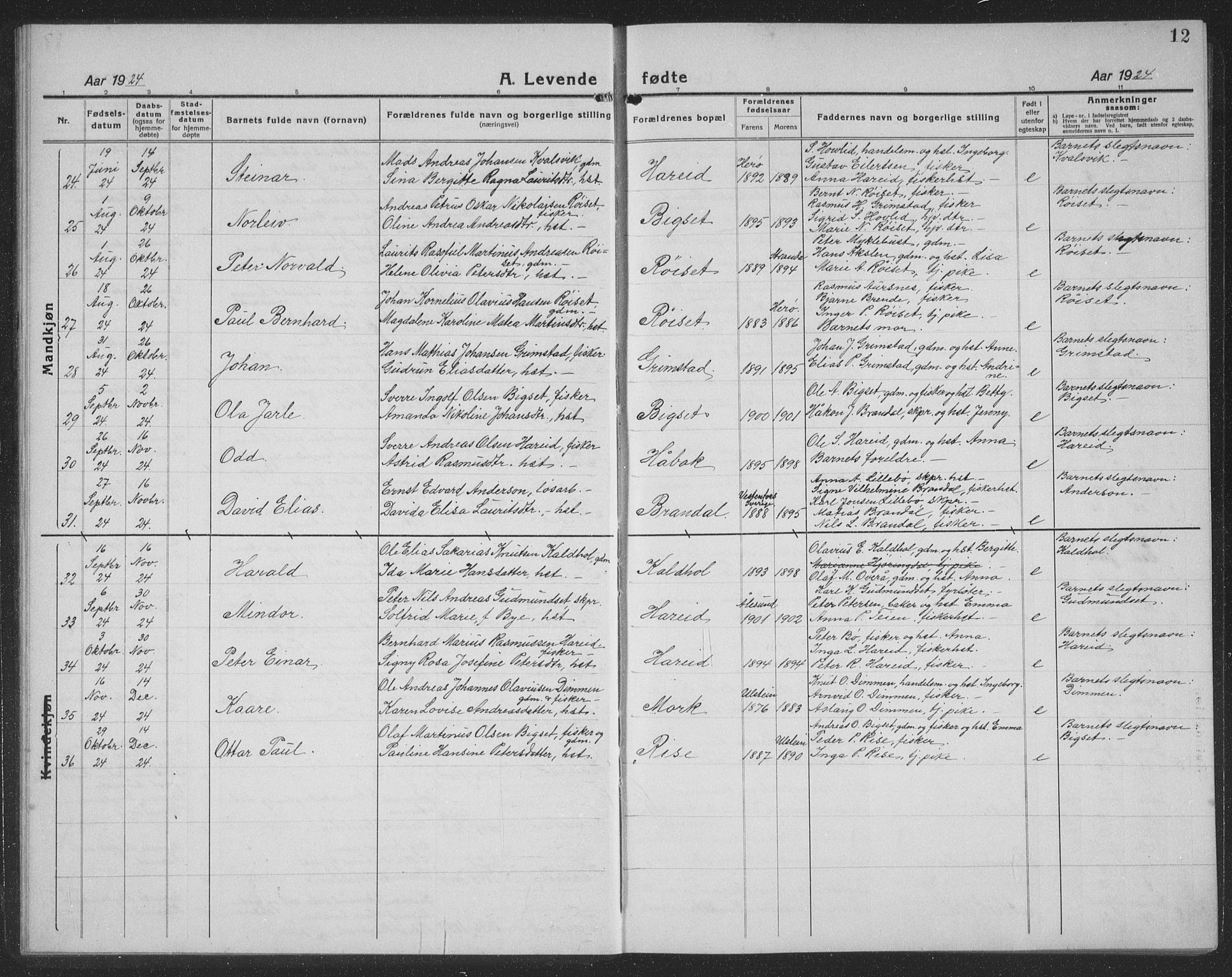 Ministerialprotokoller, klokkerbøker og fødselsregistre - Møre og Romsdal, AV/SAT-A-1454/510/L0127: Parish register (copy) no. 510C04, 1923-1939, p. 12