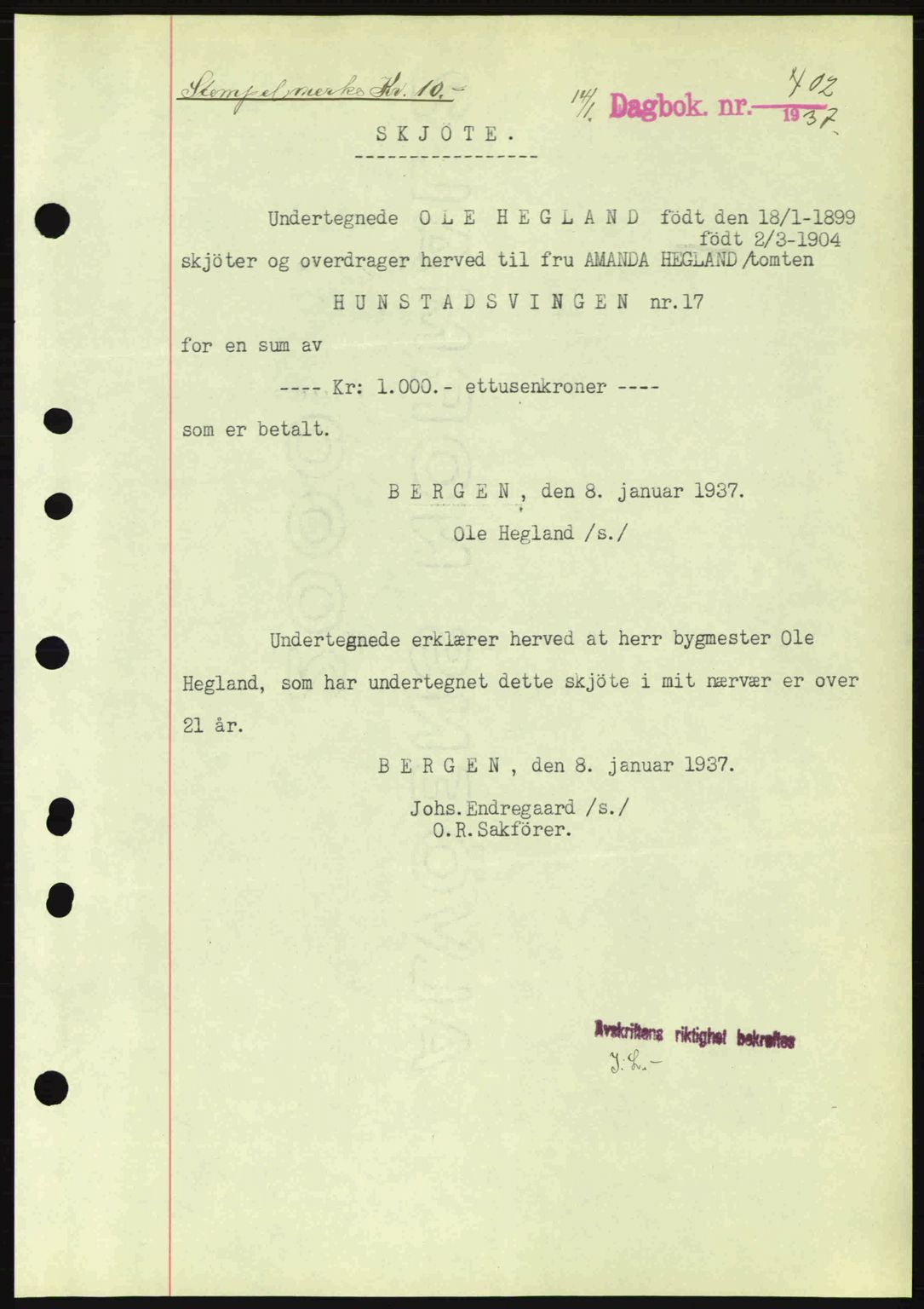 Byfogd og Byskriver i Bergen, AV/SAB-A-3401/03/03Bc/L0004: Mortgage book no. A3-4, 1936-1937, Diary no: : 402/1937