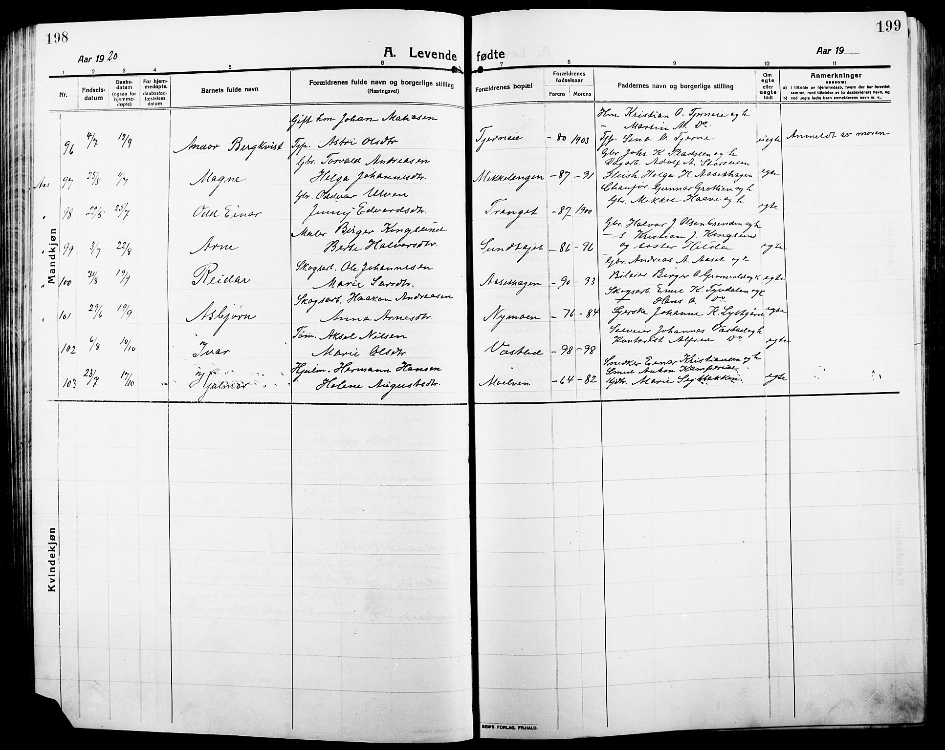 Ringsaker prestekontor, SAH/PREST-014/L/La/L0018: Parish register (copy) no. 18, 1913-1922, p. 198-199