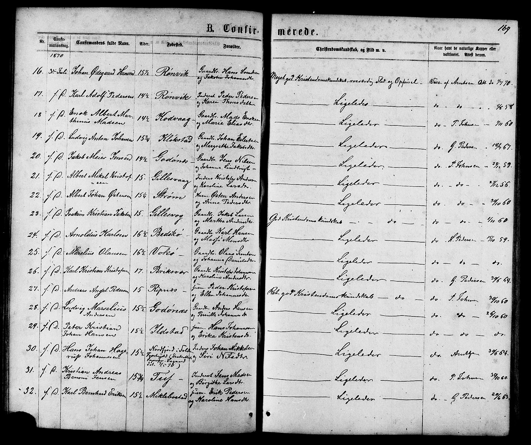 Ministerialprotokoller, klokkerbøker og fødselsregistre - Nordland, SAT/A-1459/801/L0029: Parish register (copy) no. 801C04, 1868-1878, p. 169