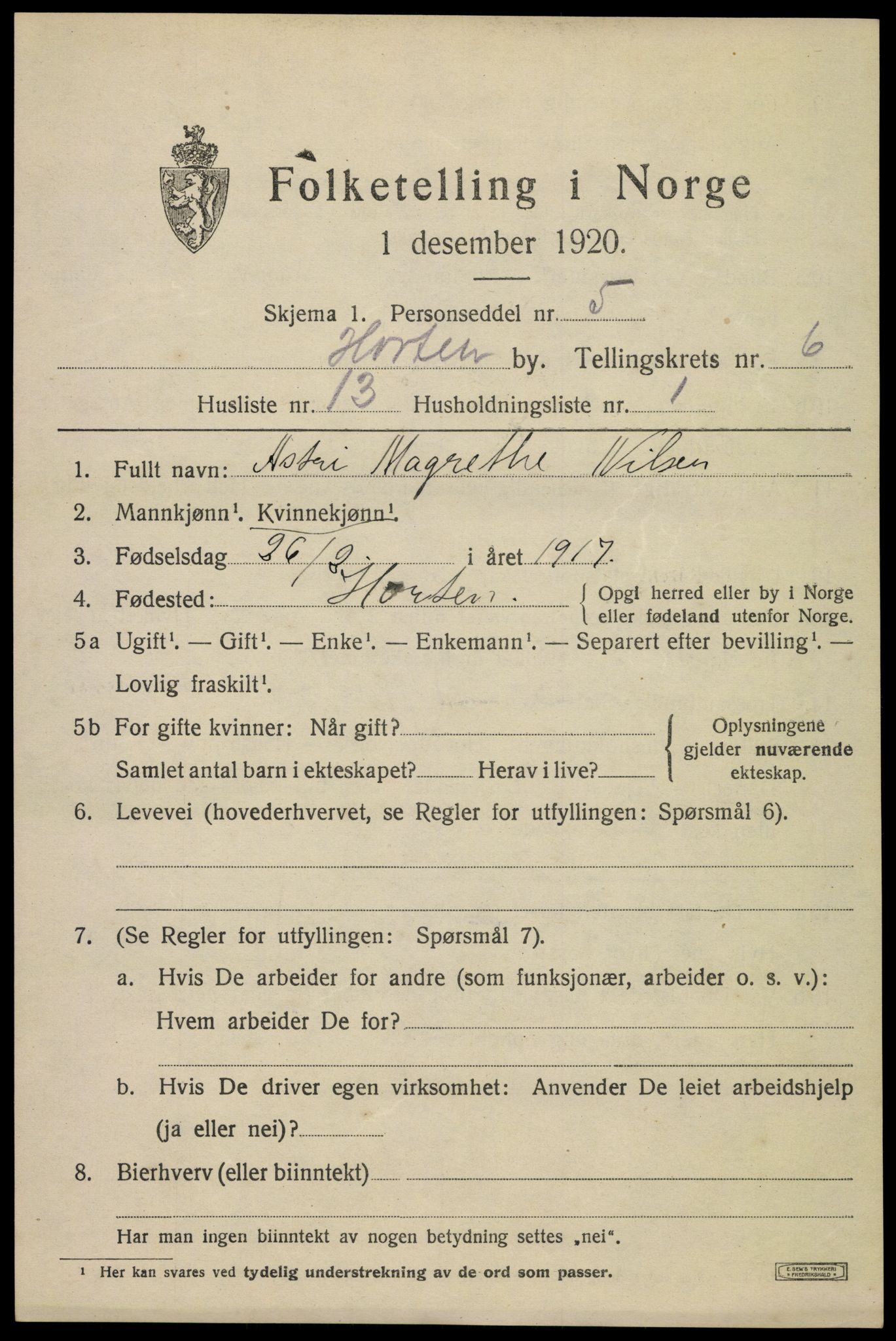 SAKO, 1920 census for Horten, 1920, p. 22571